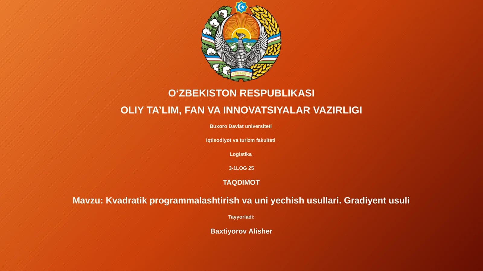Kvadratik programmalashtirish va uni yechish usullari. Gradiyent usuli