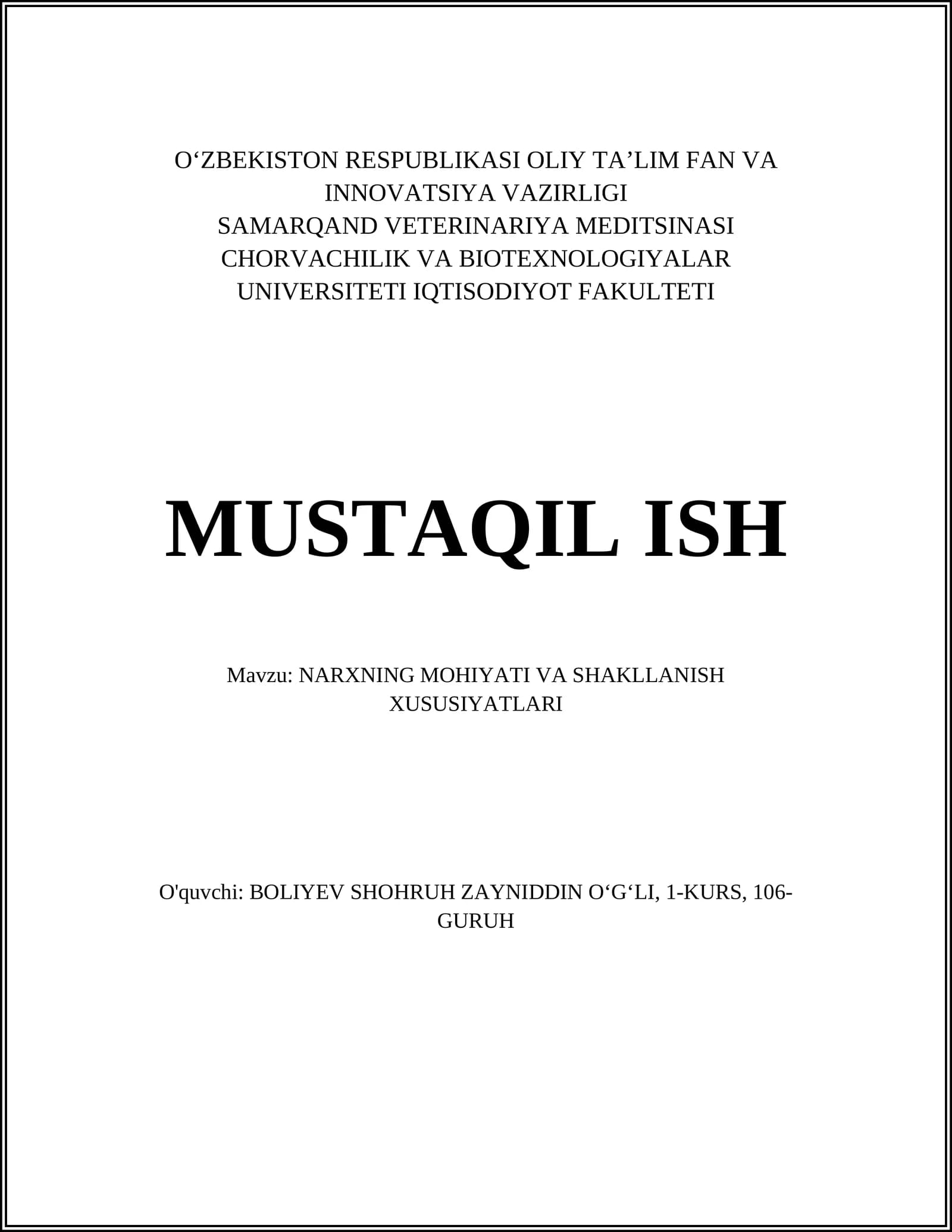 NARXNING MOHIYATI VA SHAKLLANISH XUSUSIYATLARI