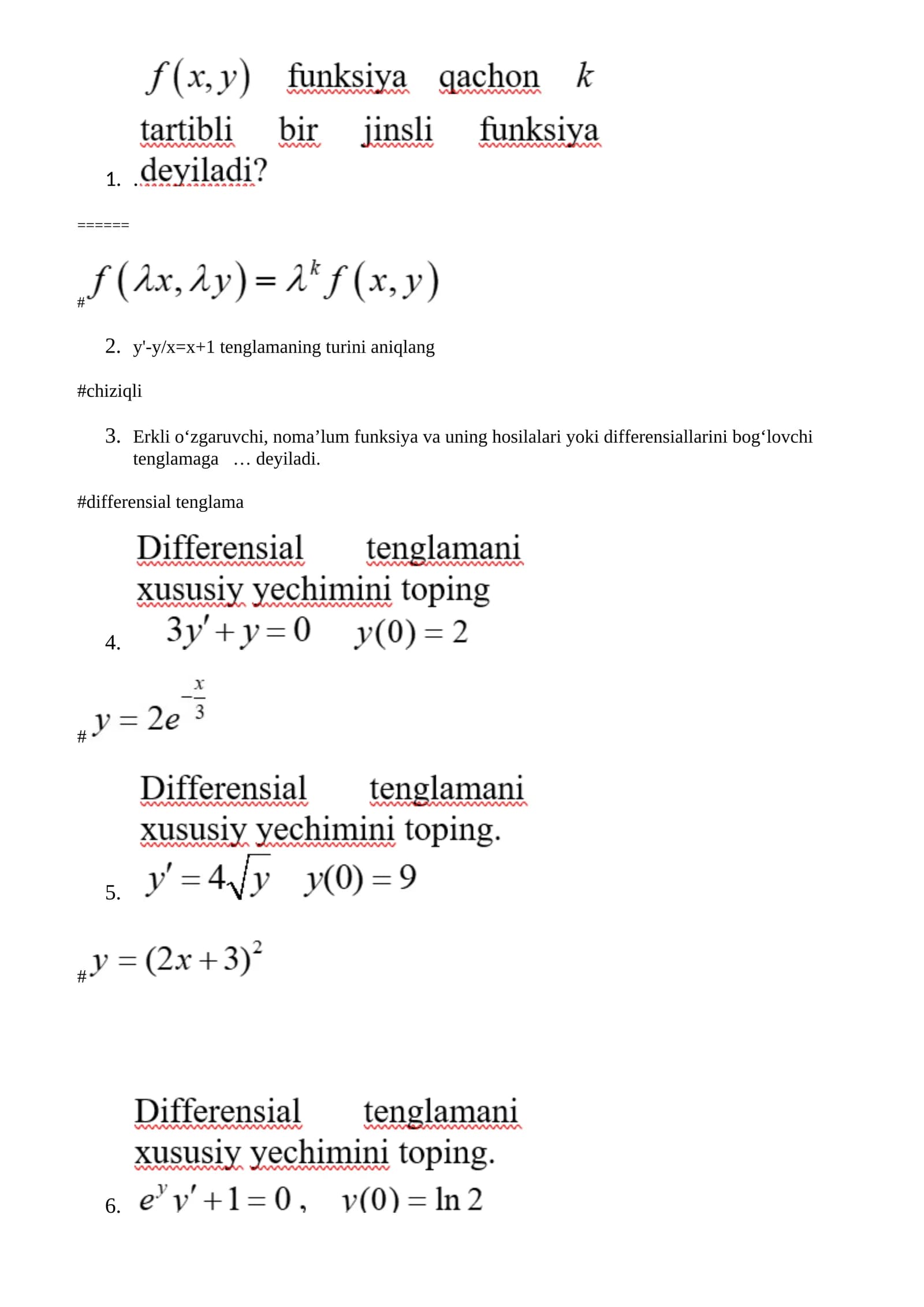 y'-y/x=x+1 tenglamaning turini aniqlang