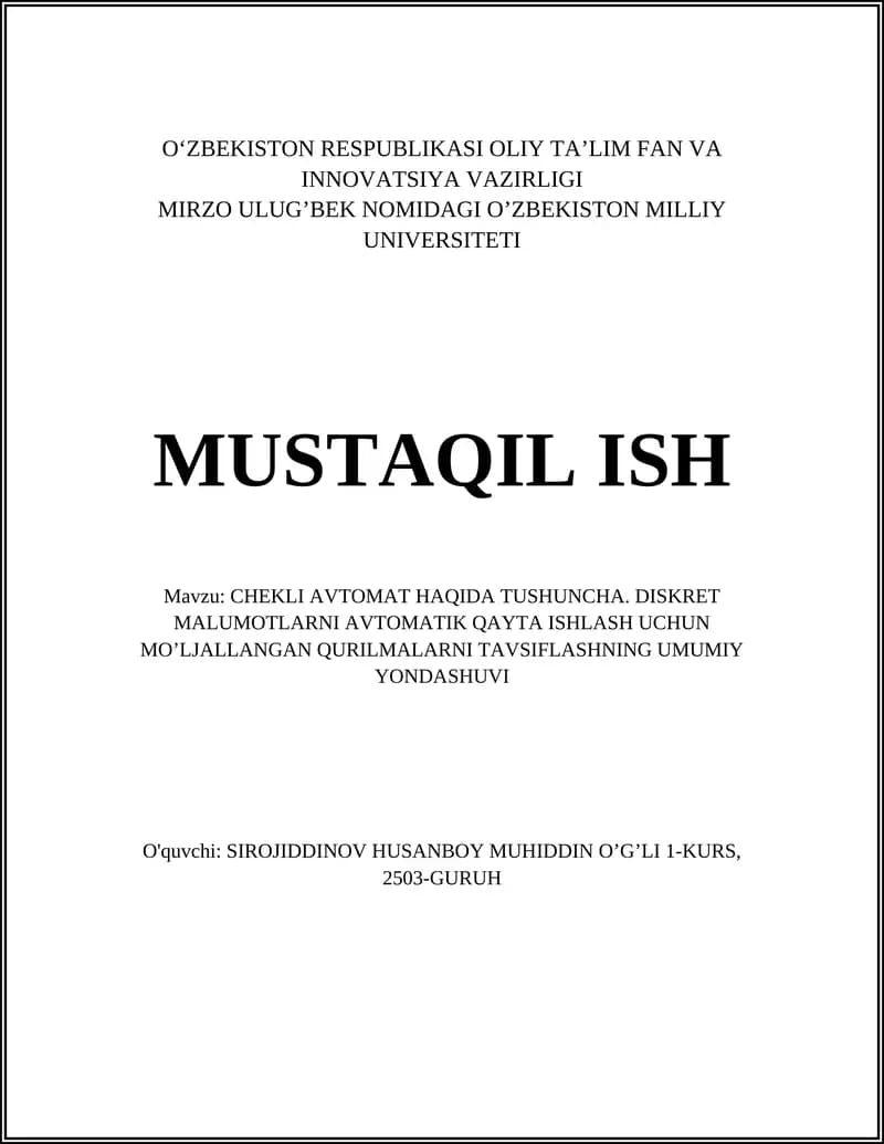 CHEKLI AVTOMAT HAQIDA TUSHUNCHA