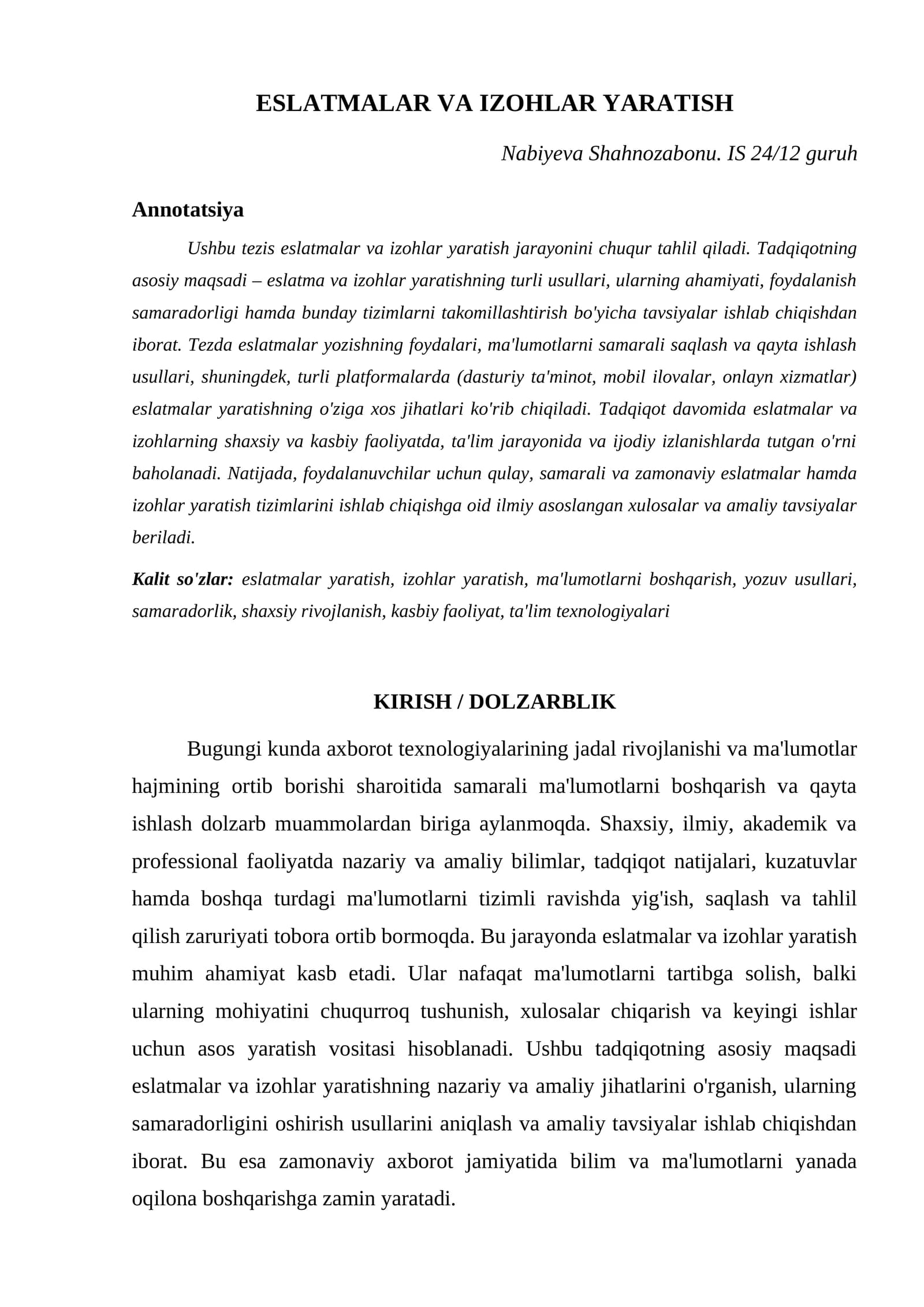 ESLATMALAR VA IZOHLAR YARATISH