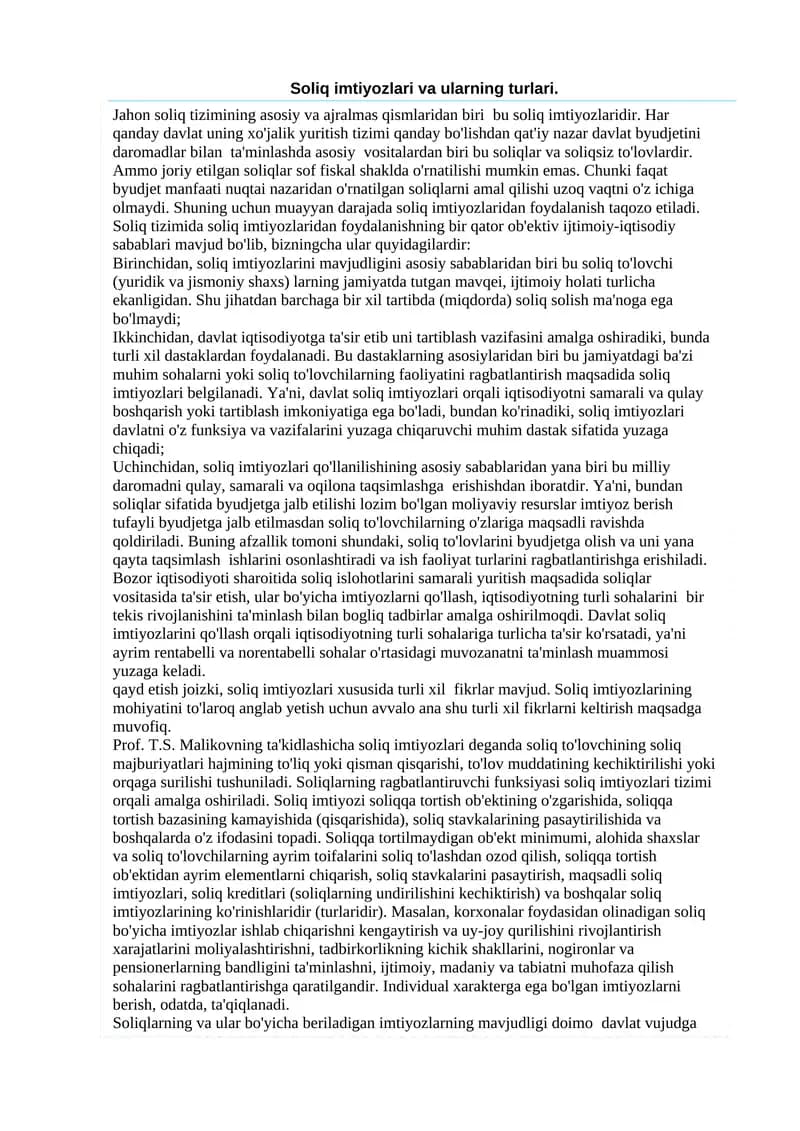 Soliq imtiyozlari va ularning turlari