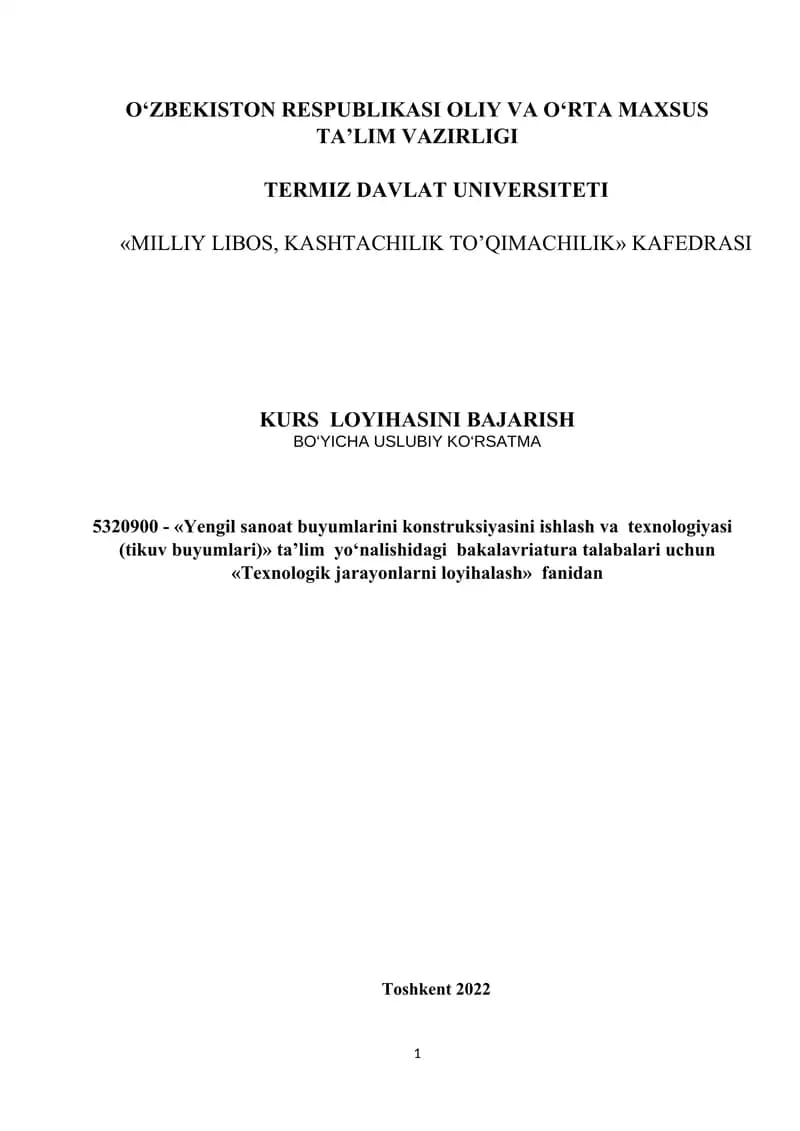 KURS  LOYIHASINI BAJARISH bo'yicha uslubiy ko'rsatma