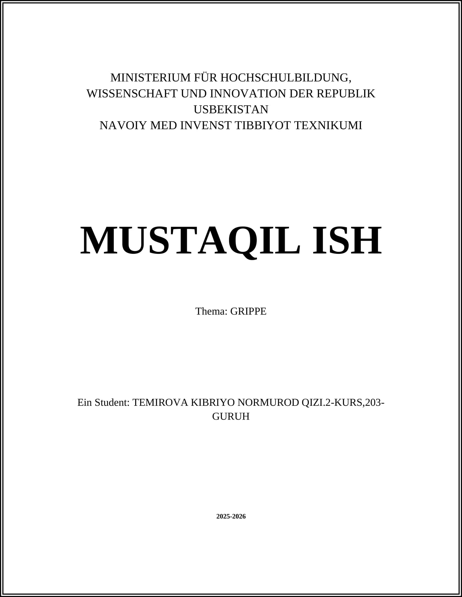 NAVOIY MED INVENST TIBBIYOT TEXNIKUMI MUSTAQIL ISH
