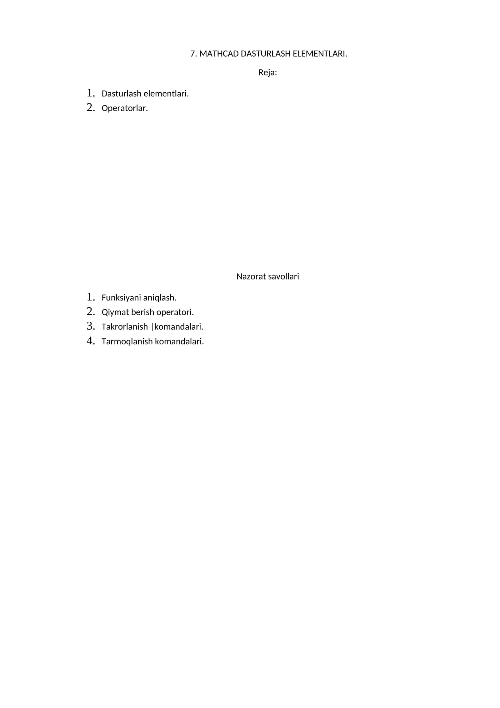 MATHCAD DASTURLASH ELEMENTLARI