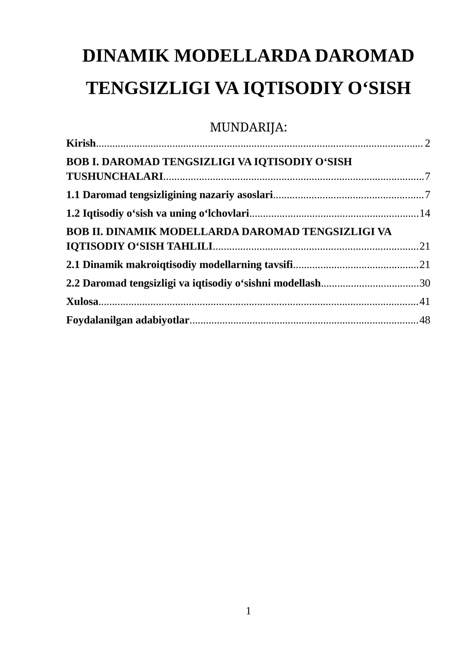 DINAMIK MODELLARDA DAROMAD TENGSIZLIGI VA IQTISODIY O‘SISH