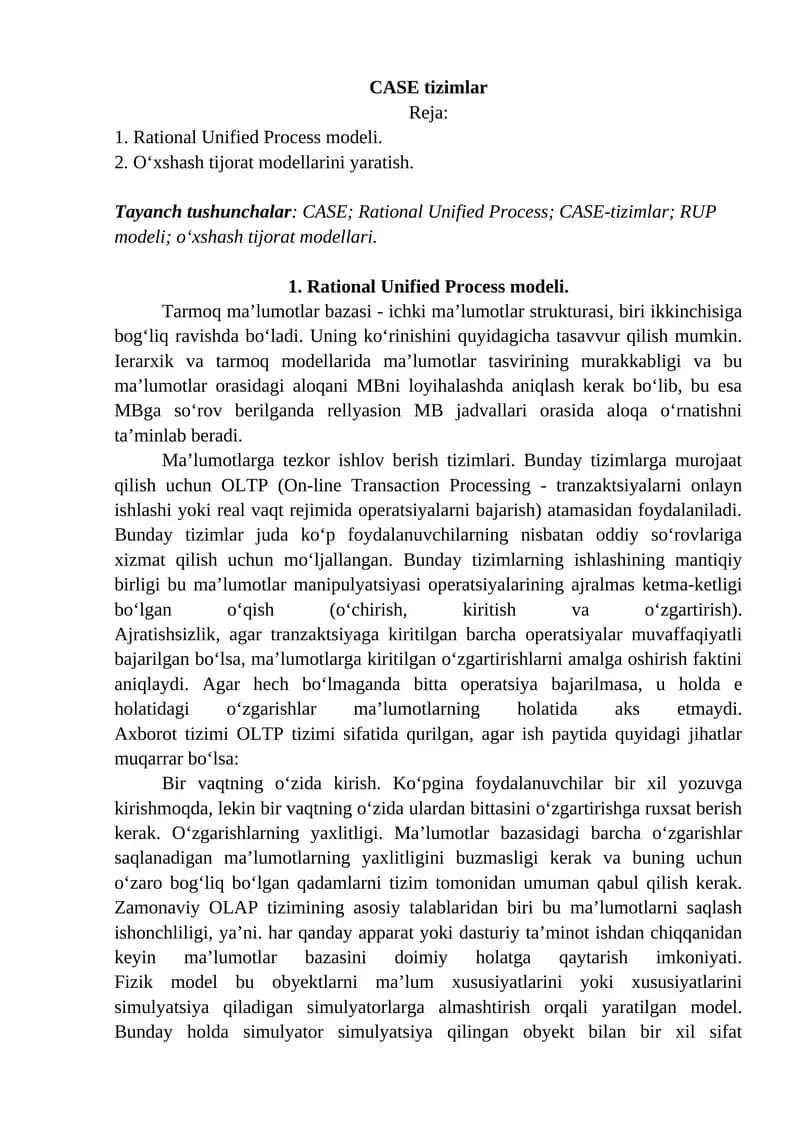 Case tizimlar. Rational Unified Process modeli.
