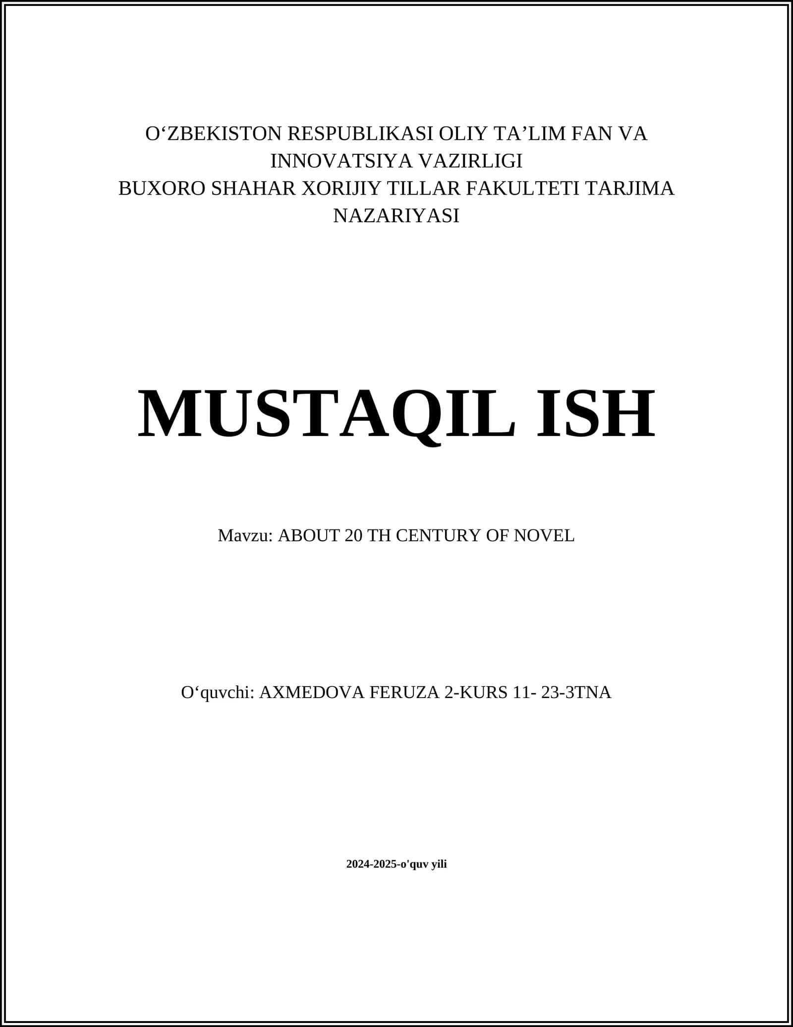 ABOUT 20 TH CENTURY OF NOVEL