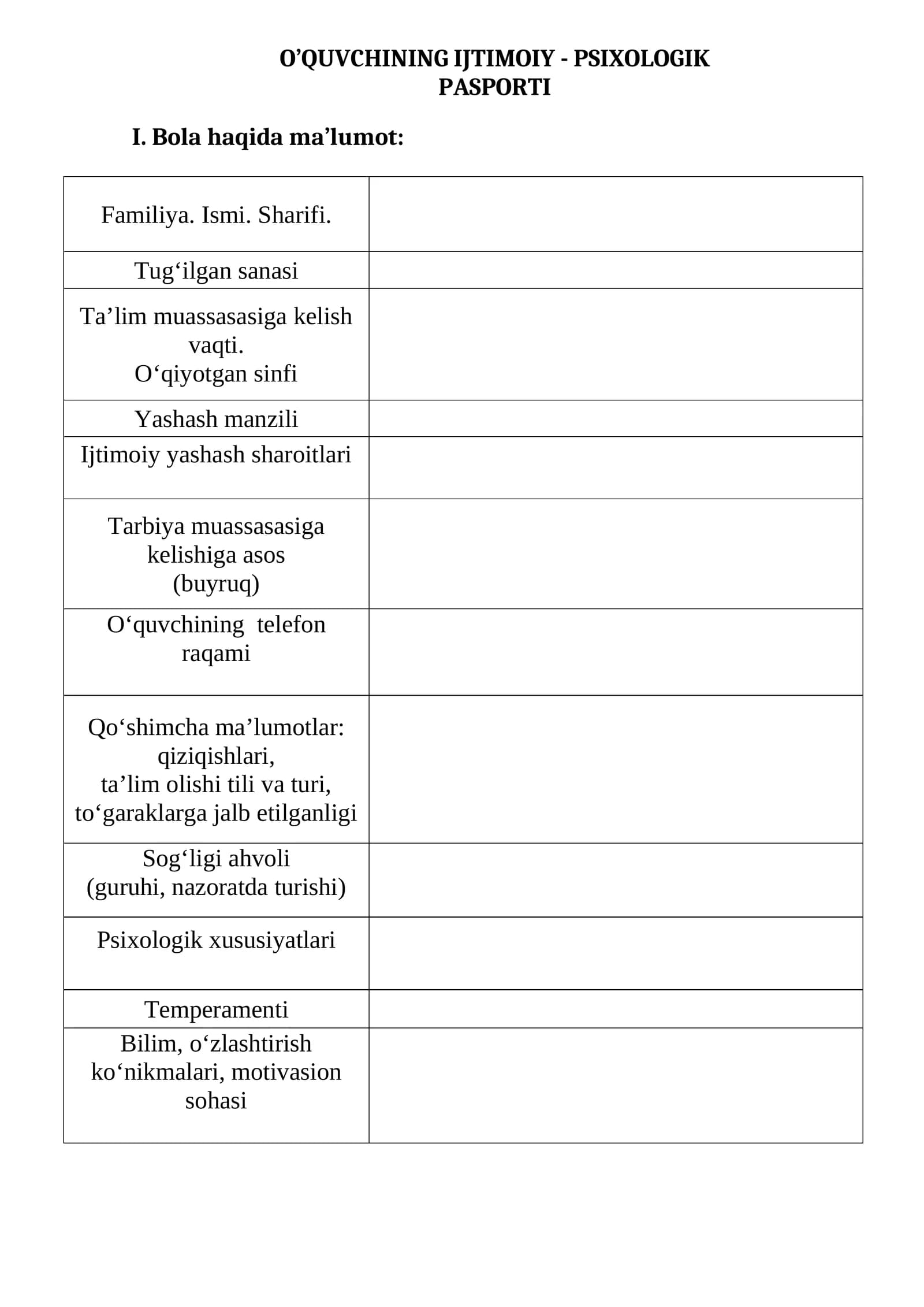 O’QUVCHINING IJTIMOIY - PSIXOLOGIK PASPORTI