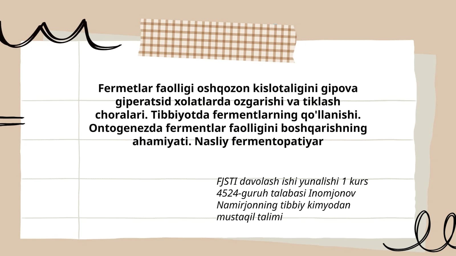 FJSTI davolash ishi yunalishi 1 kurs 4524-guruh talabasi Inomjonov Namirjonning tibbiy kimyodan mustaqil talimi