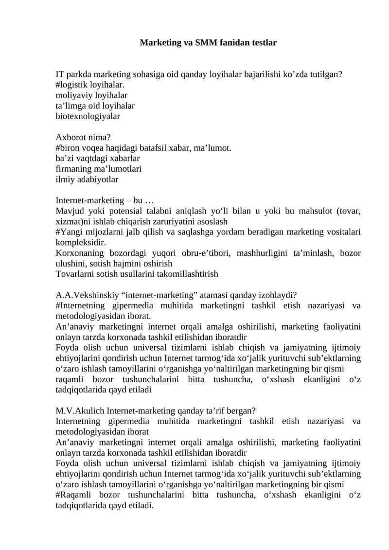 Marketing va SMM fanidan testlar