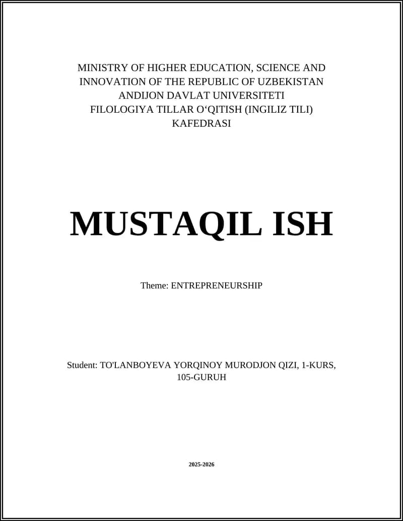 MUSTAQIL ISH Theme: ENTREPRENEURSHIP