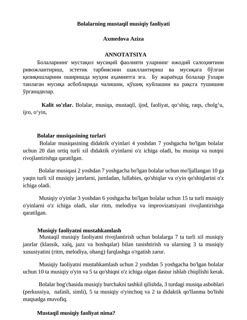 Bolalarning mustaqil musiqiy faoliyati