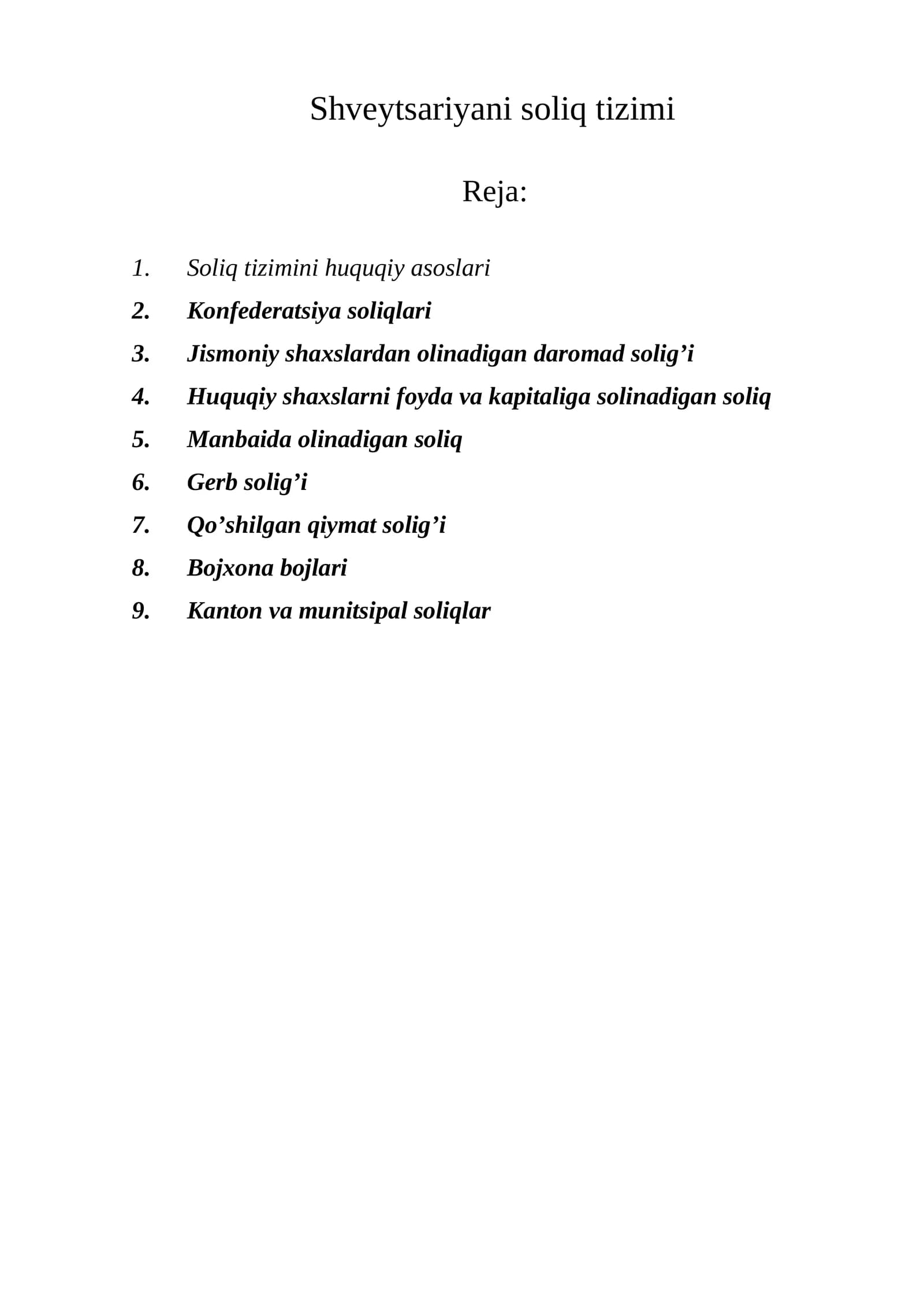 Shvеytsаriyani soliq tizimi