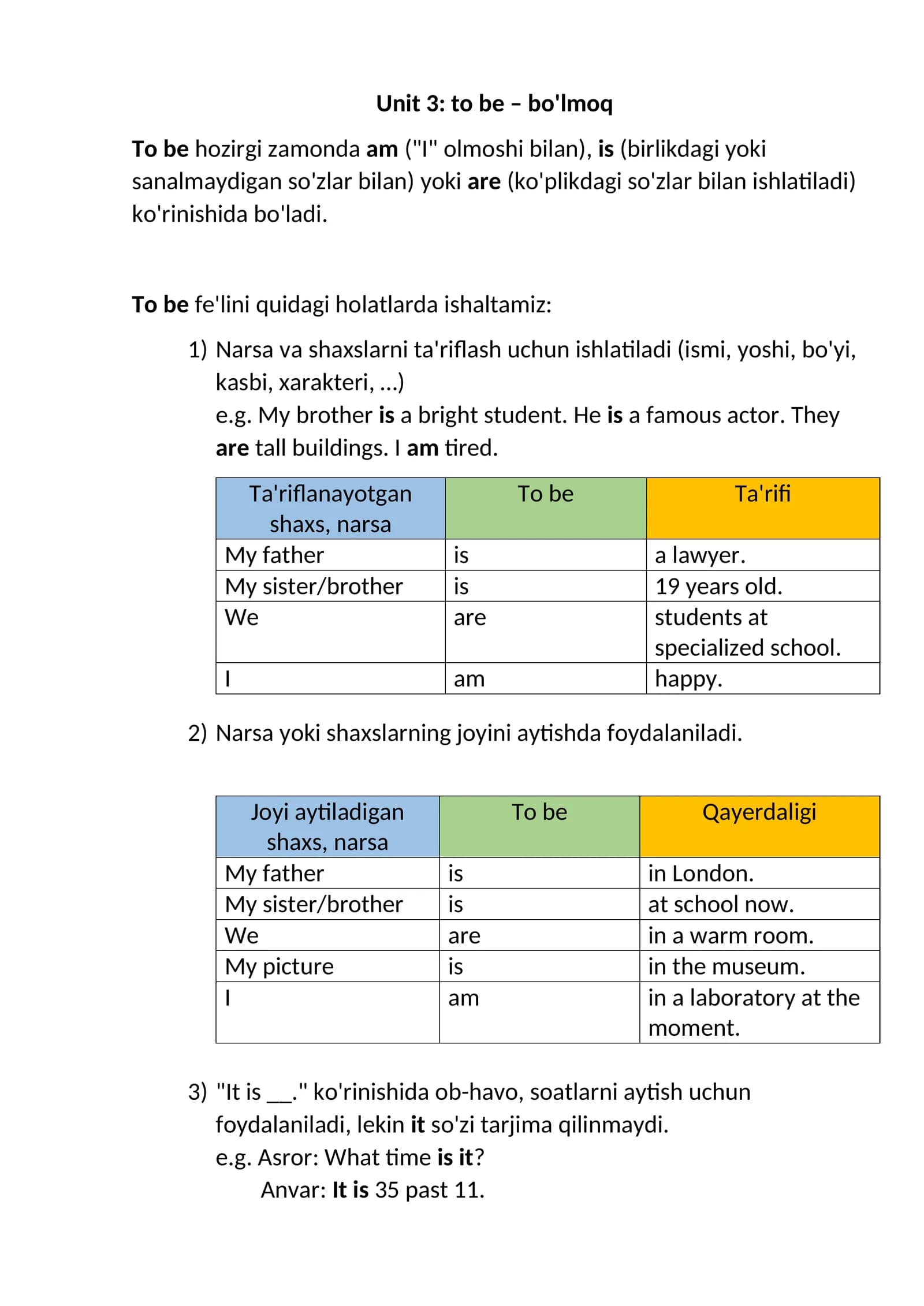 Unit 3: to be – bo'lmoq