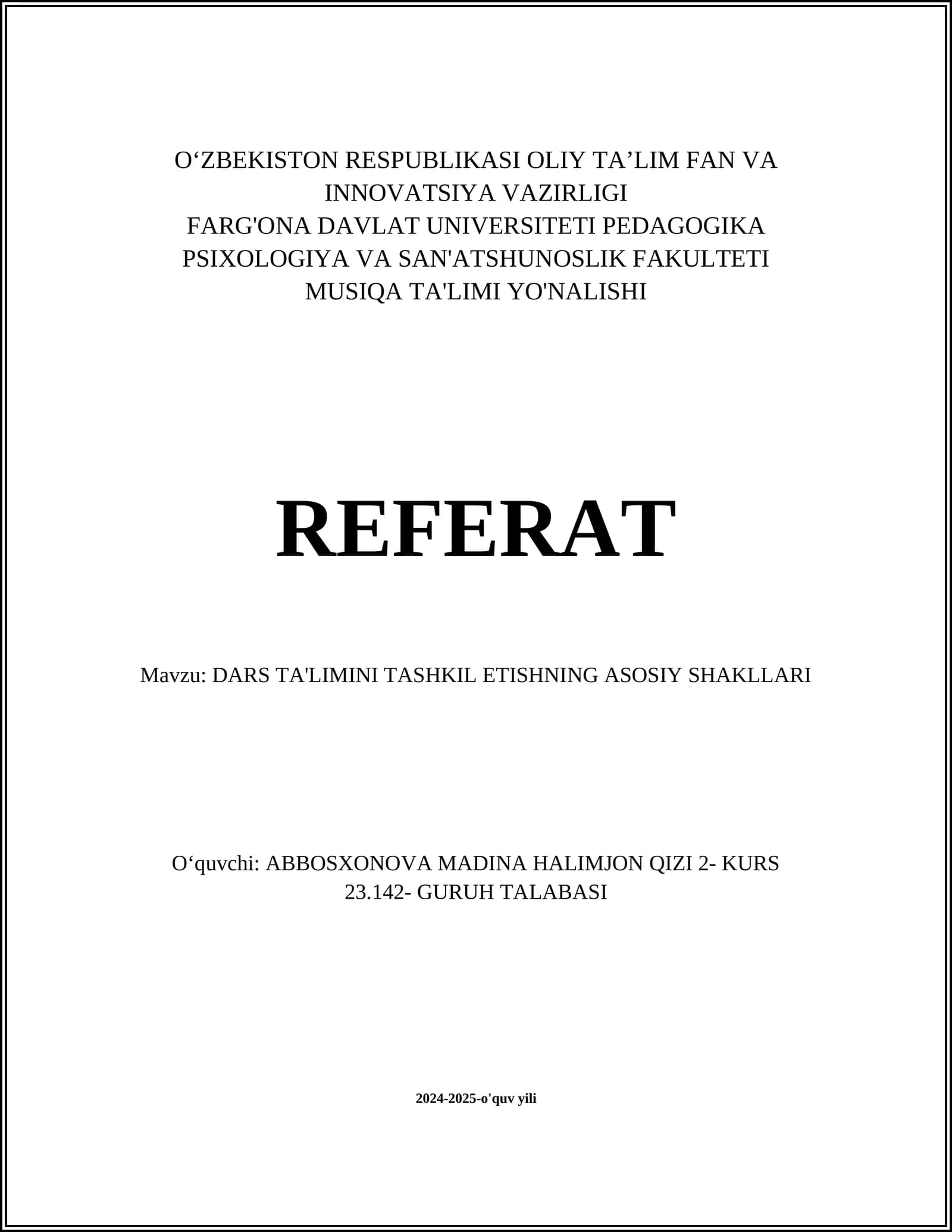 DARS TA'LIMINI TASHKIL ETISHNING ASOSIY SHAKLLARI