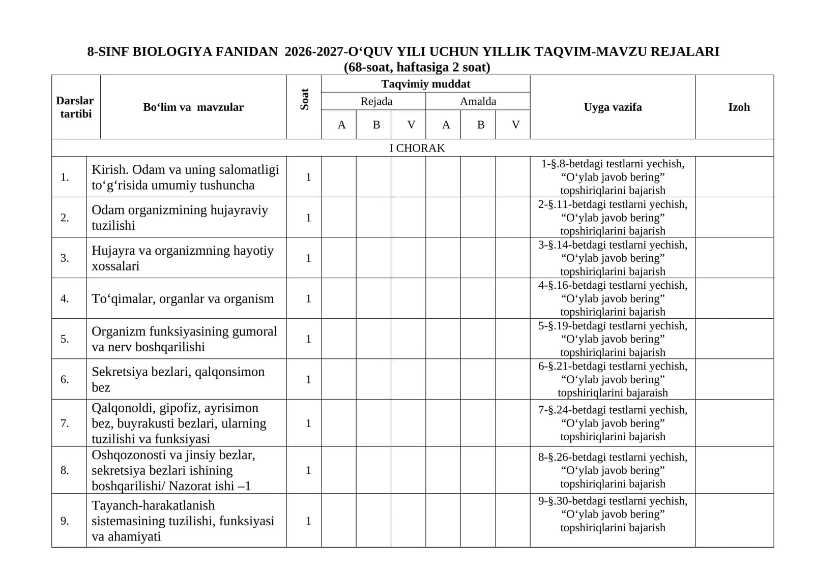 8-sinf biologiyai ish reja 2026-yil