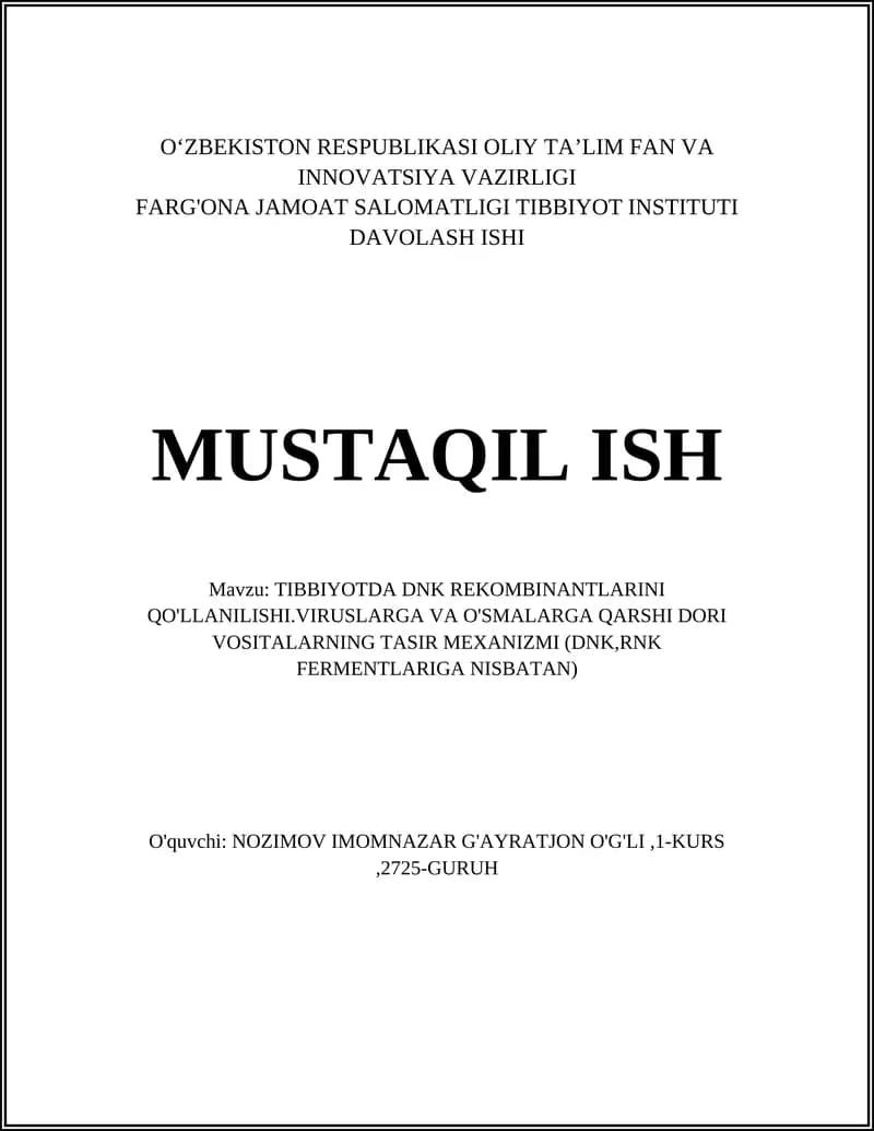 Tibbiyotda DNK Rekombinantlarini Qo'llanilishi