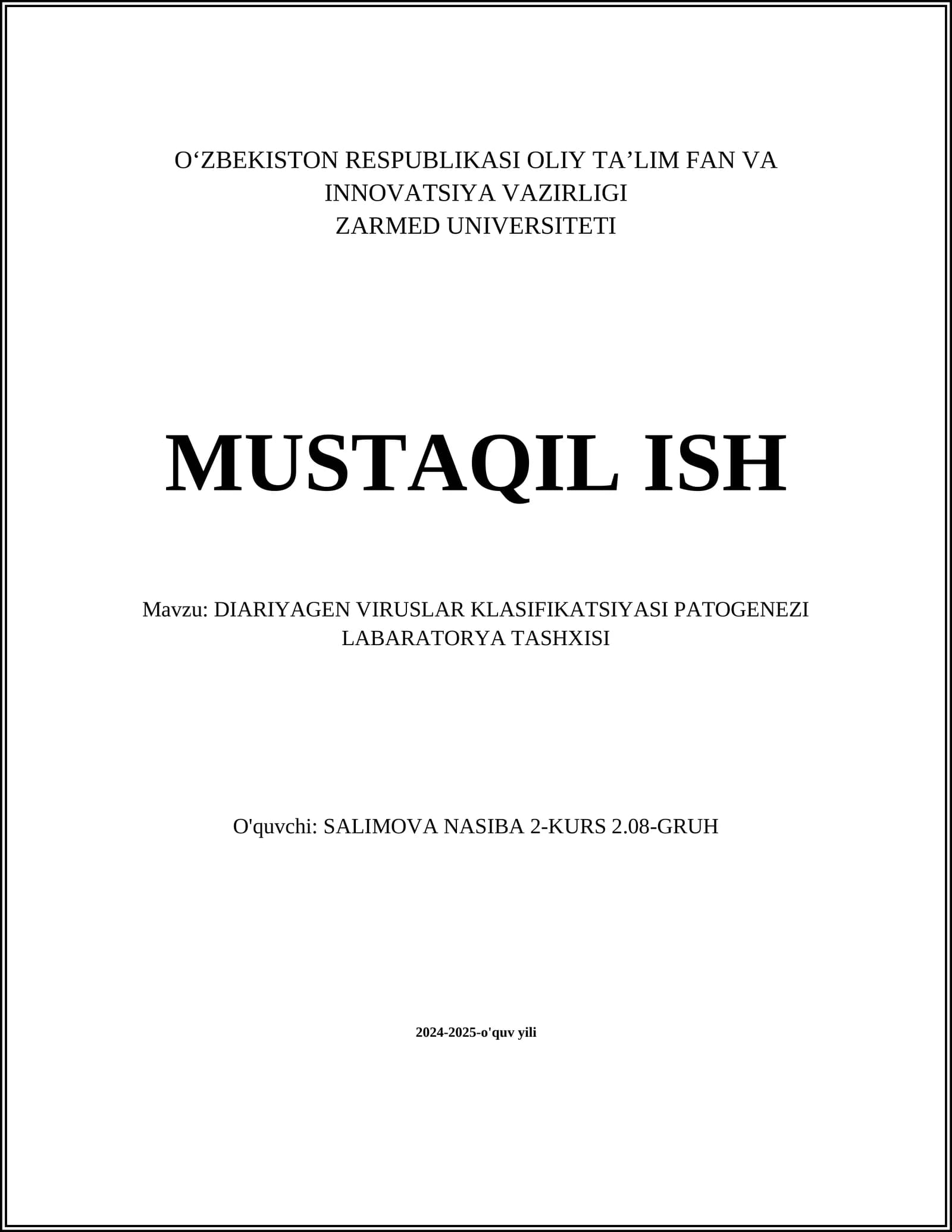 DIARIYAGEN VIRUSLAR KLASIFIKATSIYASI PATOGENEZI LABARATORYA TASHXISI