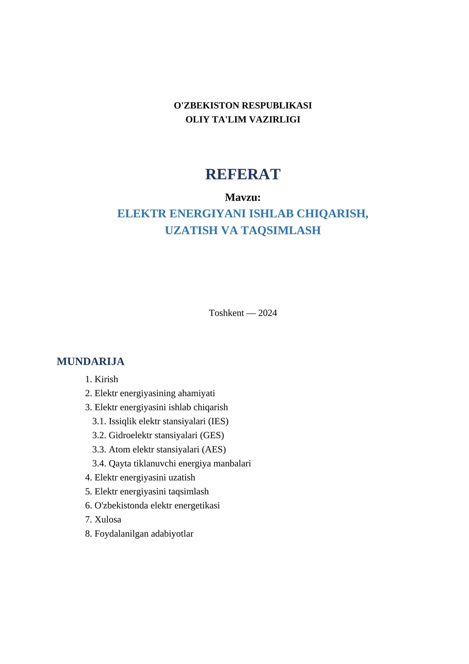 ELEKTR ENERGIYANI ISHLAB CHIQARISH, UZATISH VA TAQSIMLASH