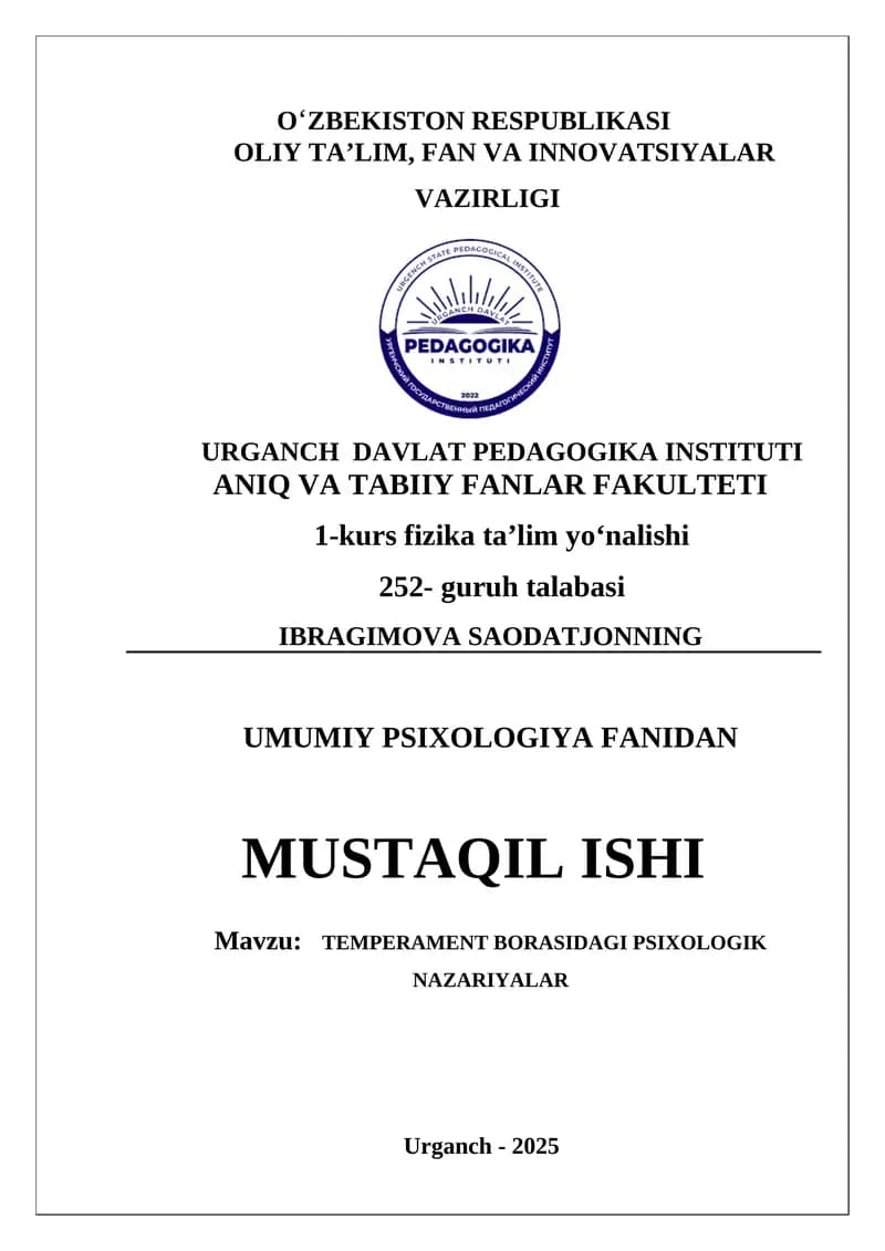 TEMPERAMENT BORASIDAGI PSIXOLOGIK NAZARIYALAR