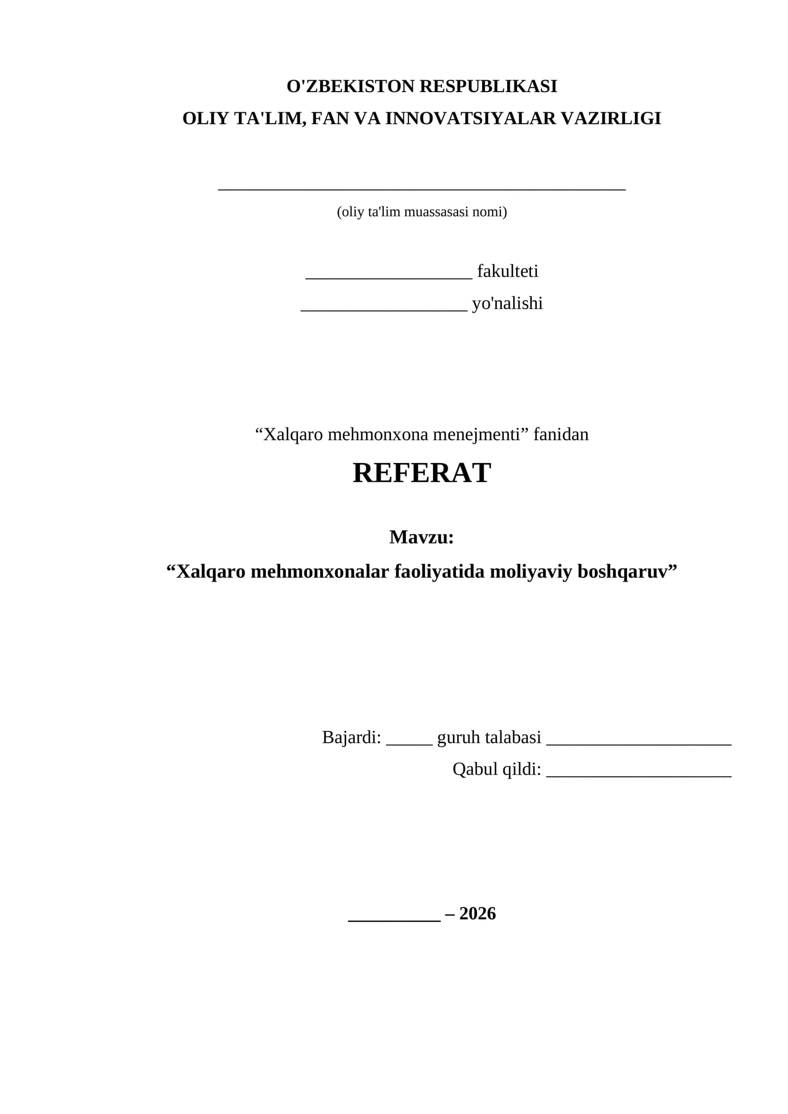 Xalqaro mehmonxona faoliyatida moliyaviy boshqaruv