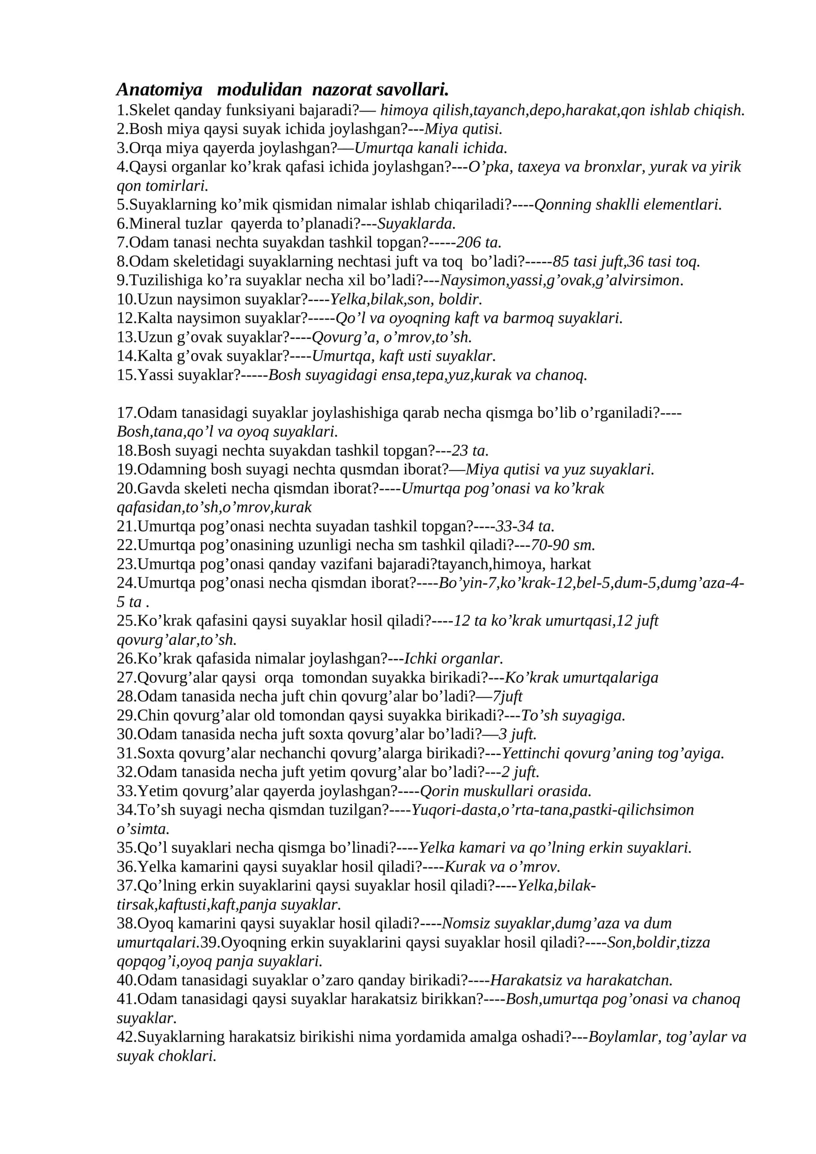Anatomiya modulidan nazorat savollari