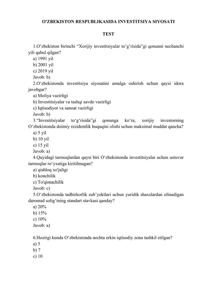 O'ZBEKISTON RESPUBLIKASIDA INVESTITSIYA SIYOSATI