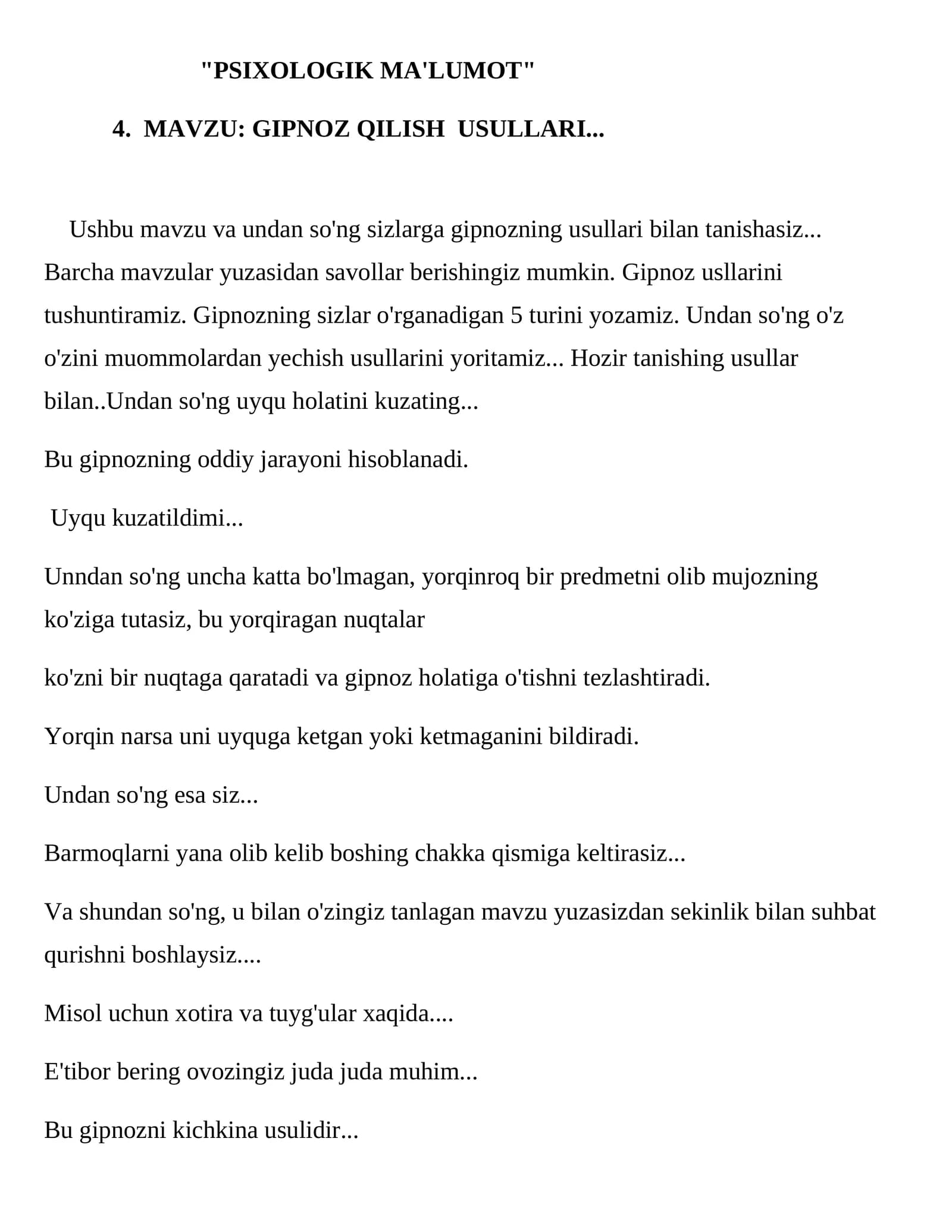 GIPNOZ QILISH USULLARI