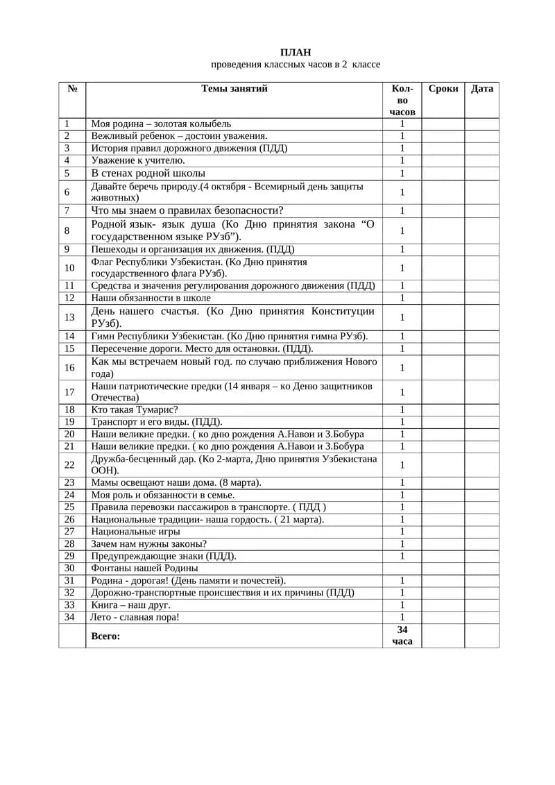 ПЛАН проведения классных часов в 2 классе