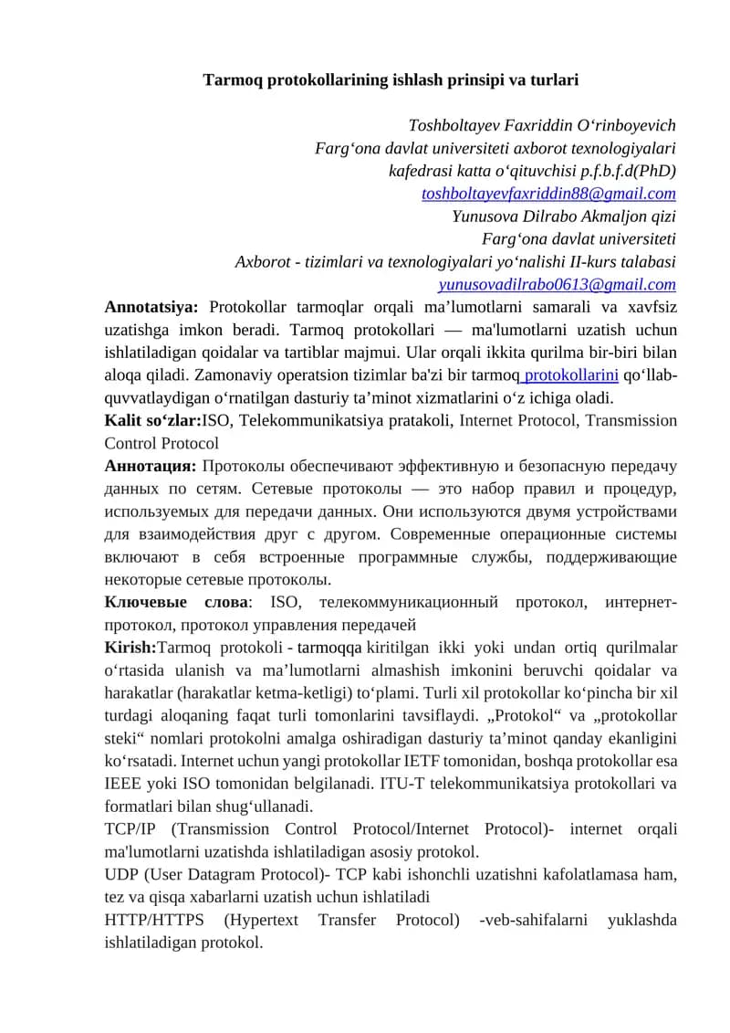 Tarmoq protokollarining ishlash prinsipi va turlari