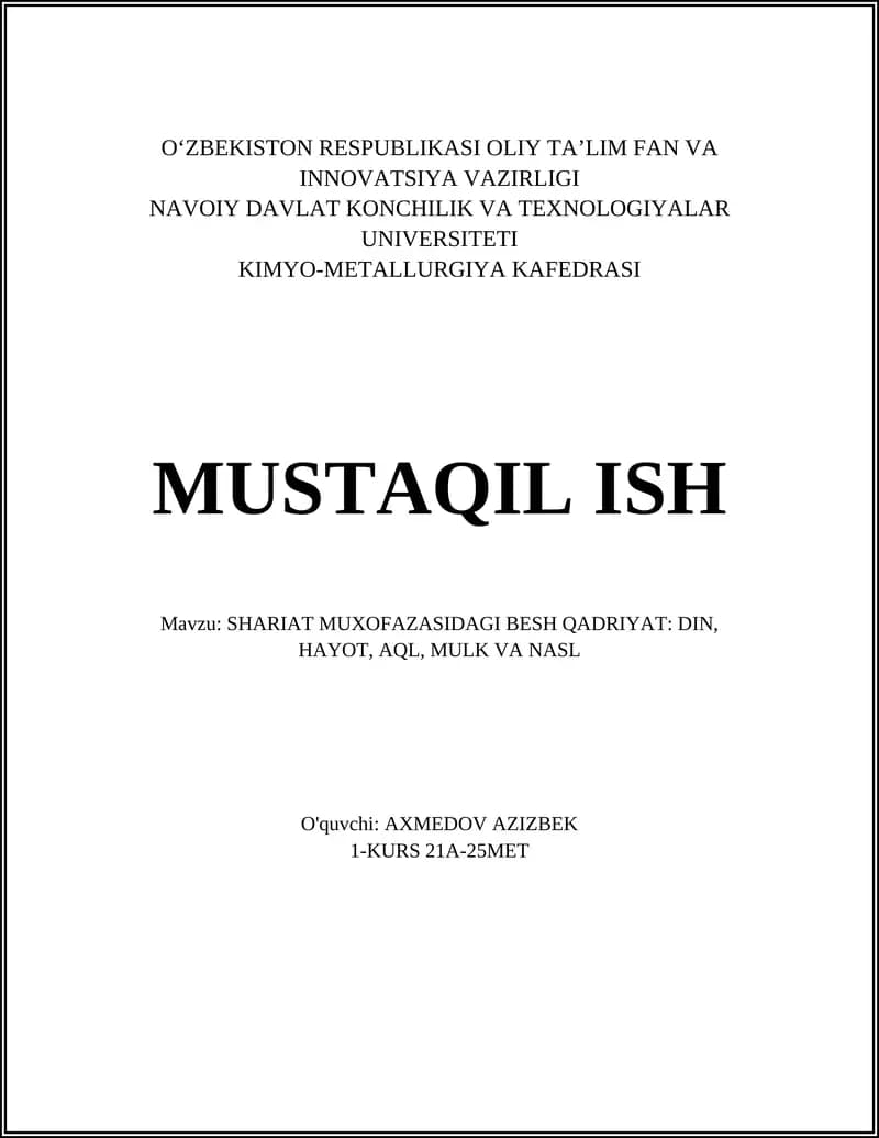 SHARIAT MUXOFAZASIDAGI BESH QADRIYAT