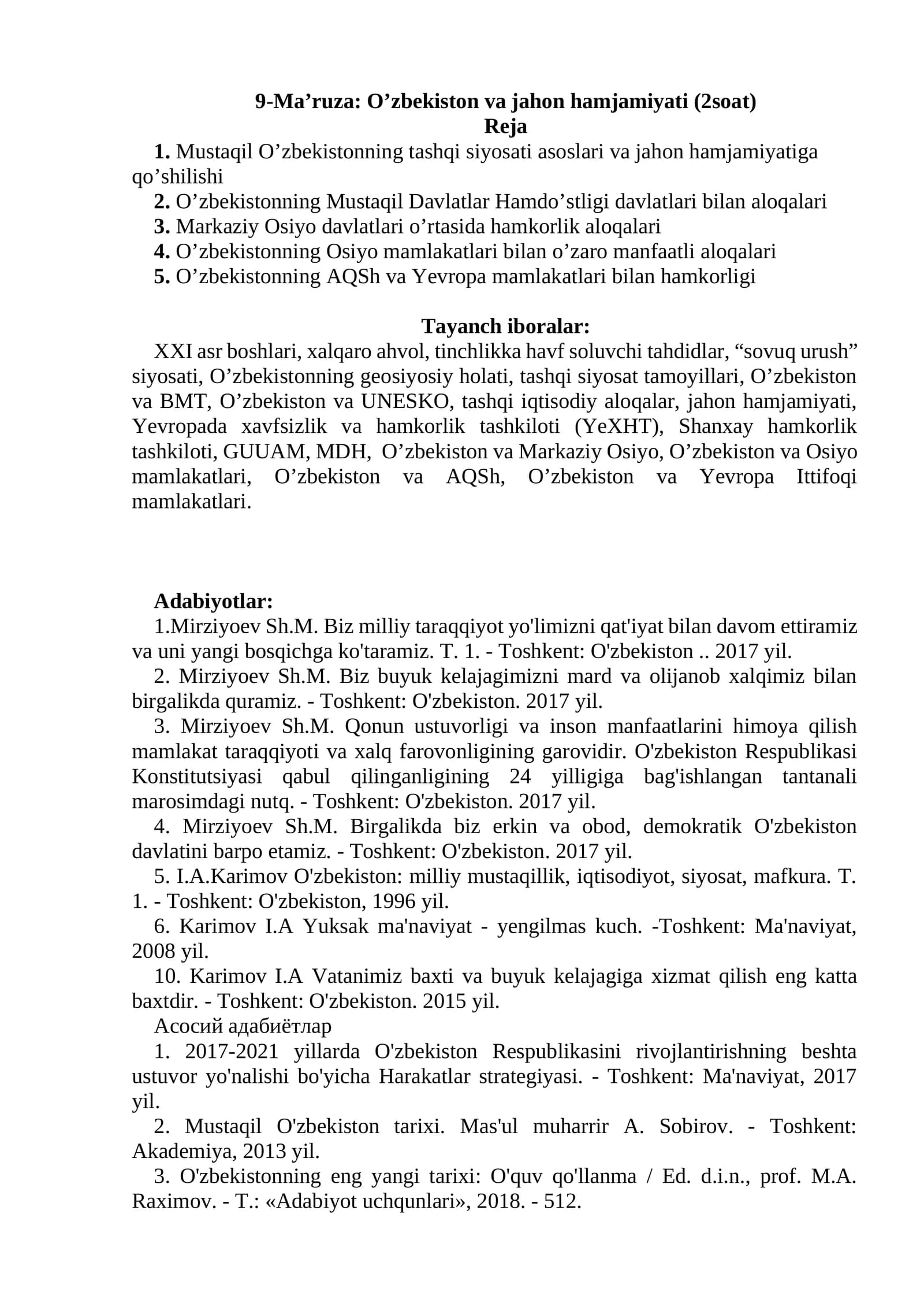9-Ma’ruza: O’zbekiston va jahon hamjamiyati (2soat)