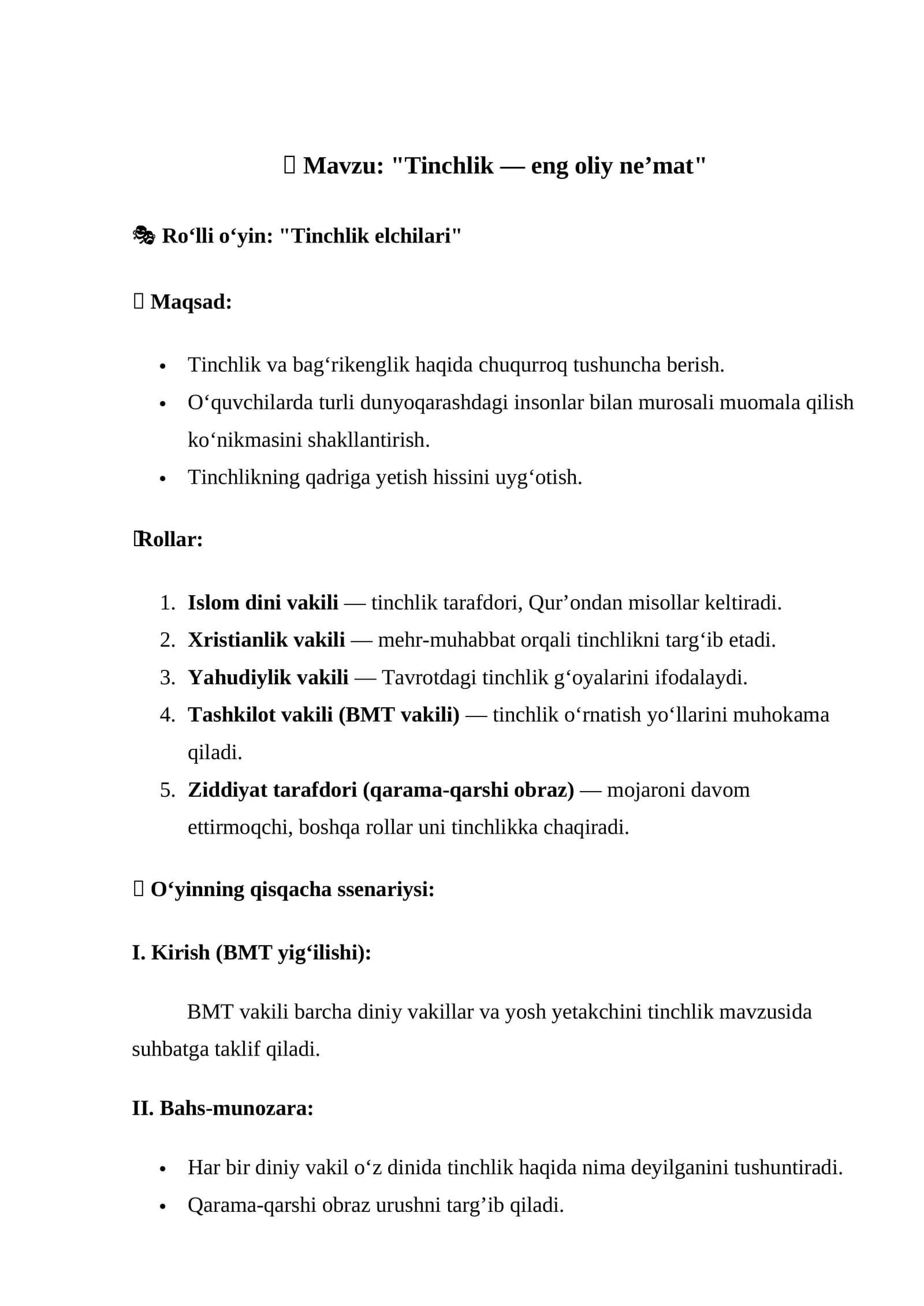 "Tinchlik — eng oliy ne’mat"
