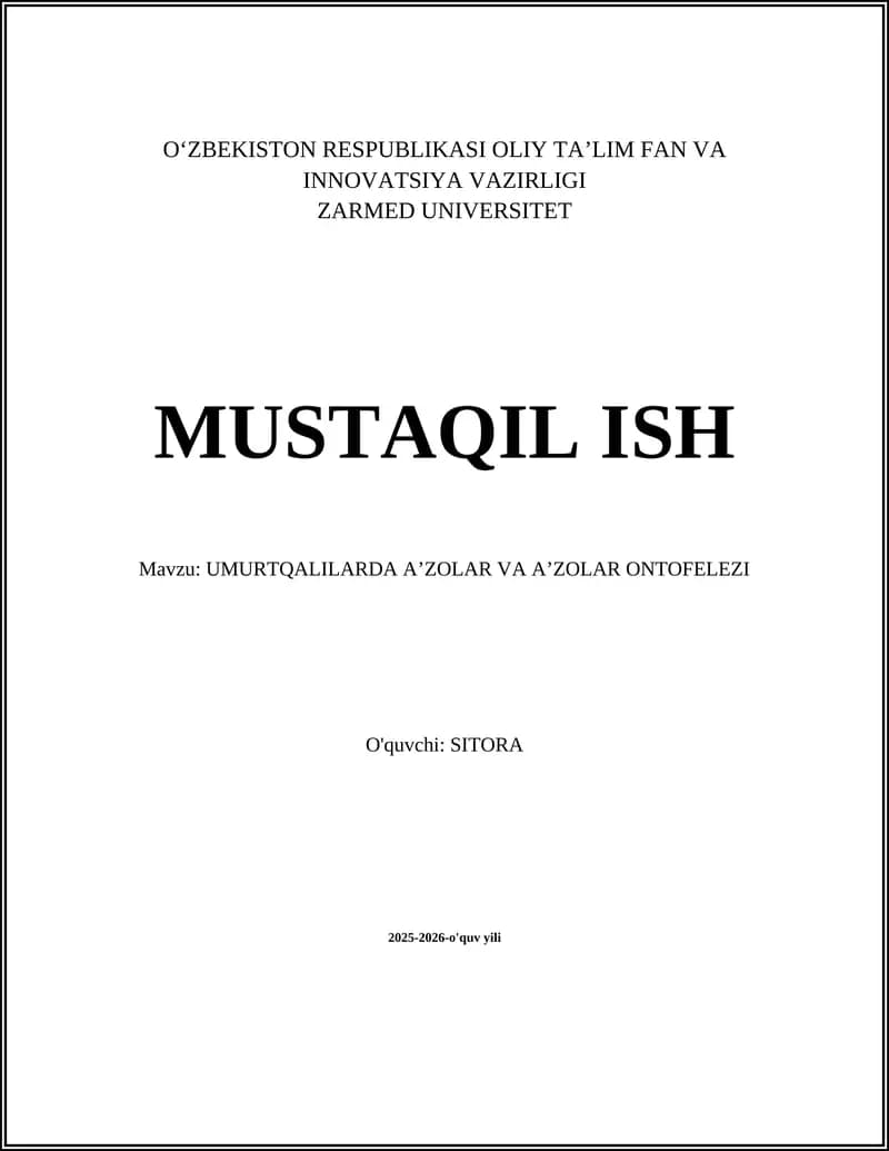 UMURTQALILARDA A’ZOLAR VA A’ZOLAR ONTOFELEZI