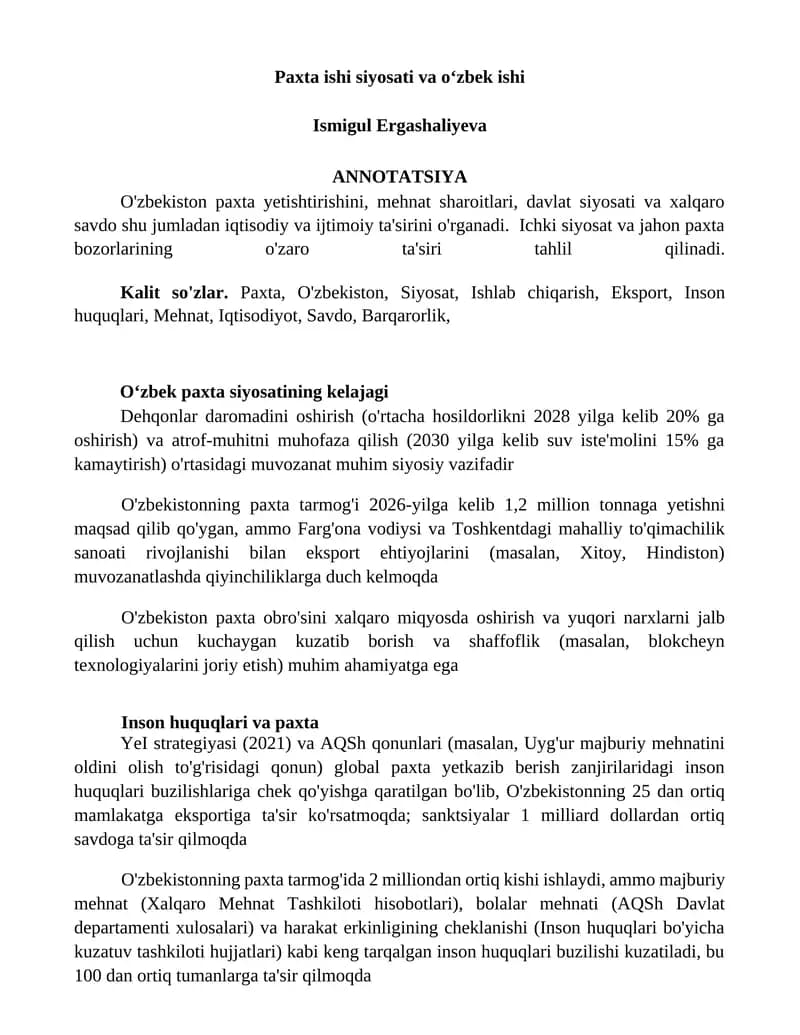O'zbekiston paxta siyosati