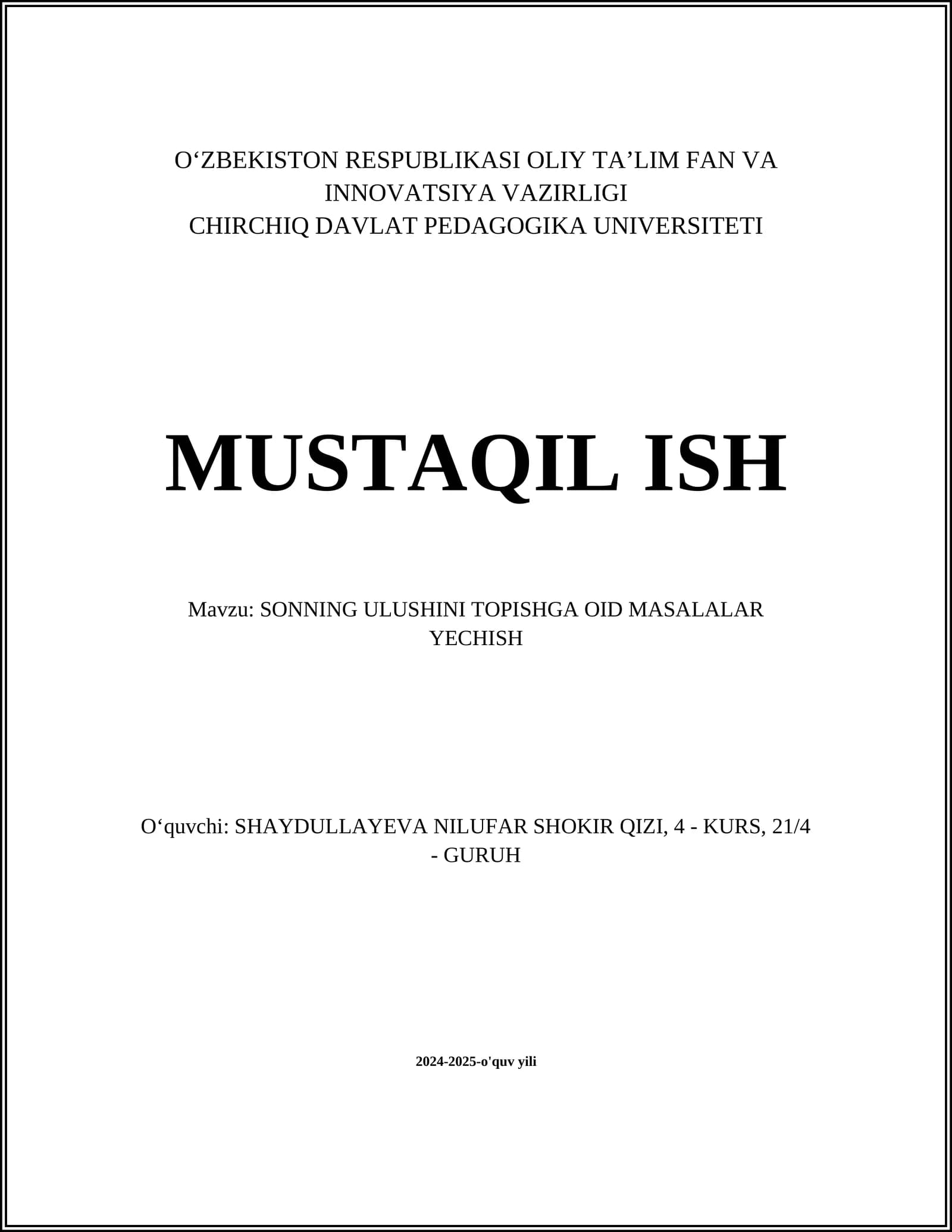 SONNING ULUSHINI TOPISHGA OID MASALALAR YECHISH