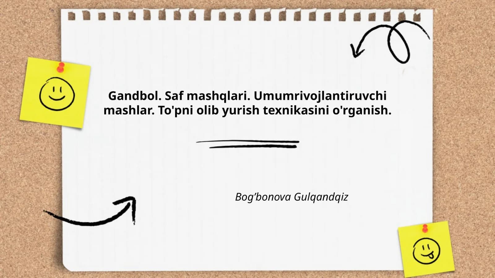Gandbol. Saf mashqlari. Umumrivojlantiruvchi mashlar. To'pni olib yurish texnikasini o'rganish