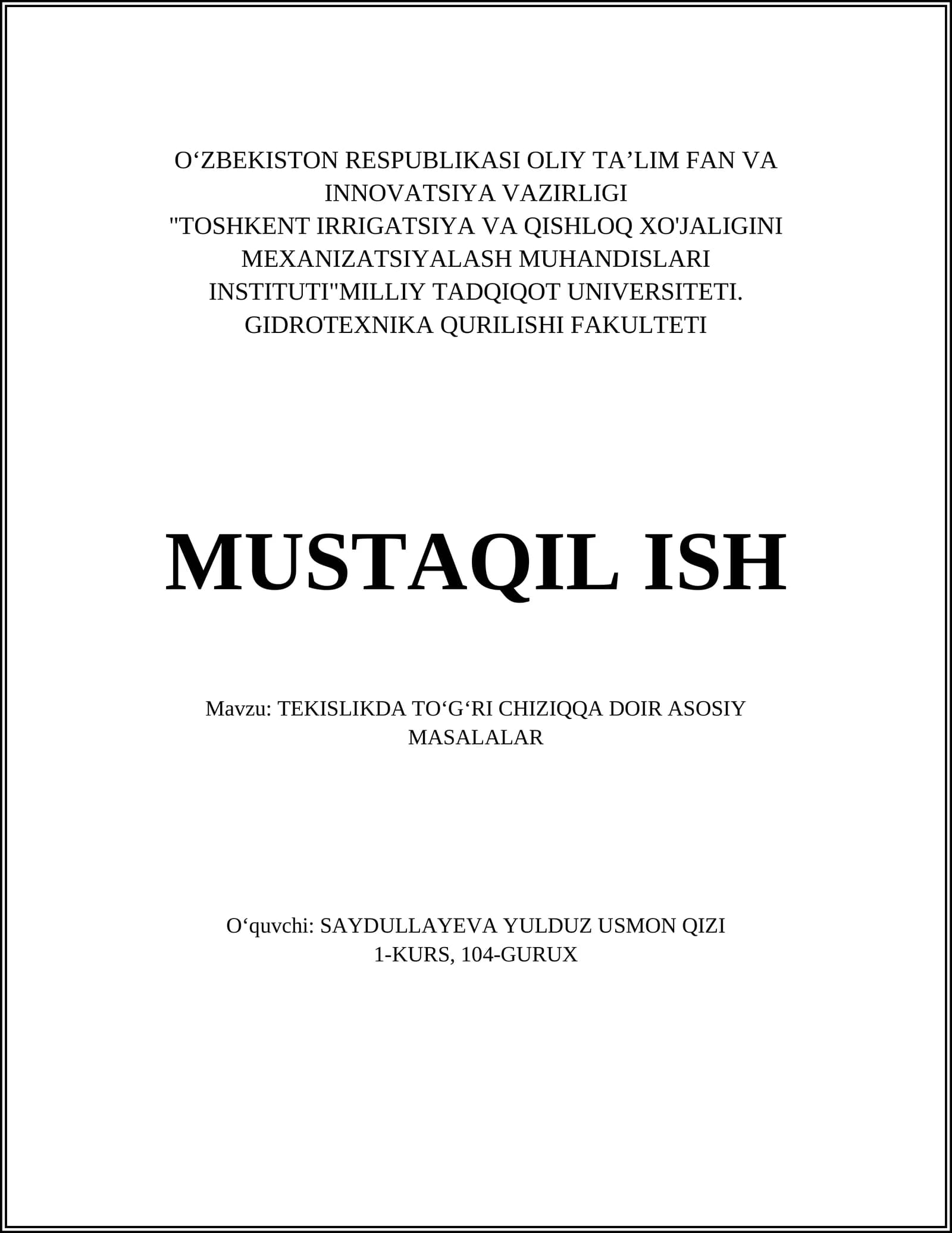 TEKISLIKDA TOʻGʻRI CHIZIQQA DOIR ASOSIY MASALALAR