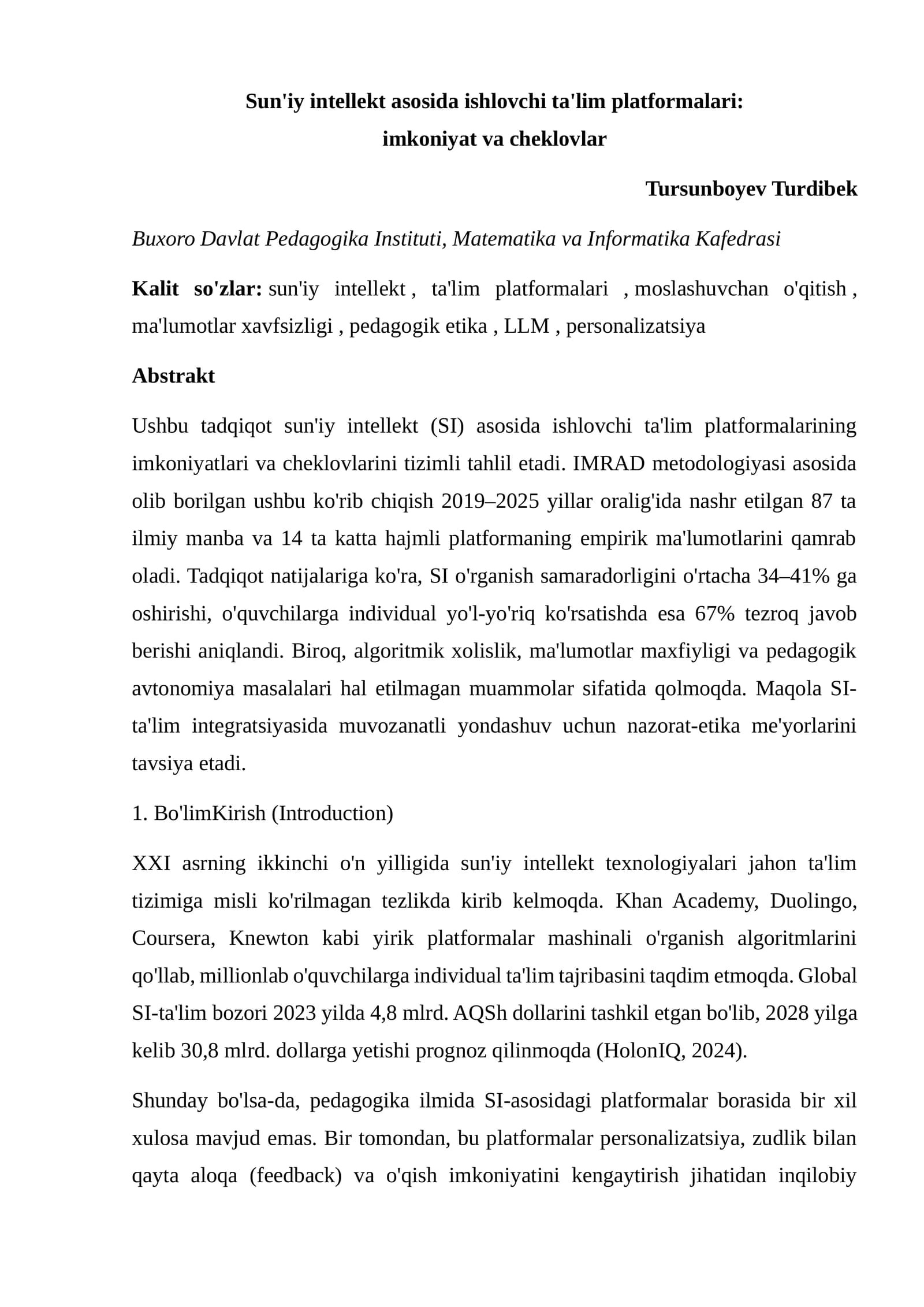 Sun'iy intellekt asosida ishlovchi ta'lim platformalari: imkoniyat va cheklovlar