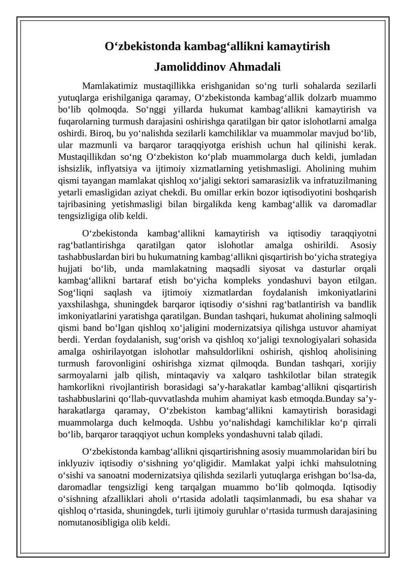 O‘zbekistonda kambag‘allikni kamaytirish