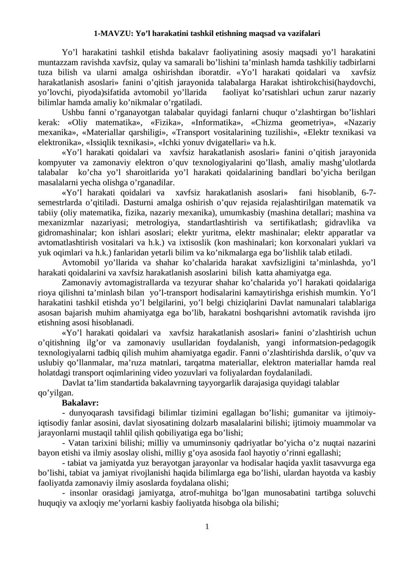 Yo’l harakatini tashkil etishning maqsad va vazifalari