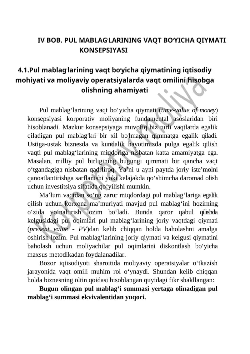 PUL MABLAGʻLARINING VAQT BOʻYICHA QIYMATI KONSEPSIYASI