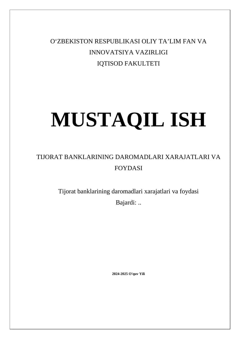 Tijorat Banklarining Daromadlari Xarajatlari va Foydasi