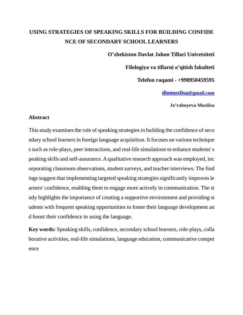 Using Strategies of Speaking Skills for Building Confidence of Secondary School Learners