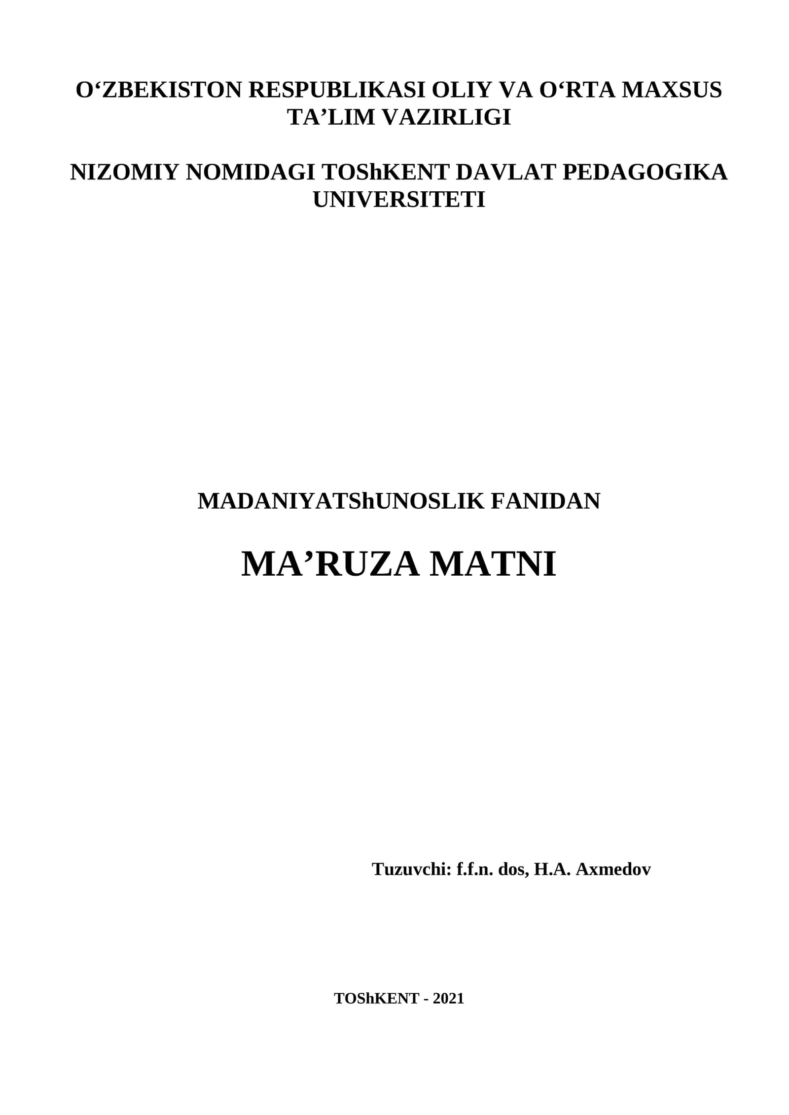 Madaniyatshunoslik Fanidan Ma'ruza Matni