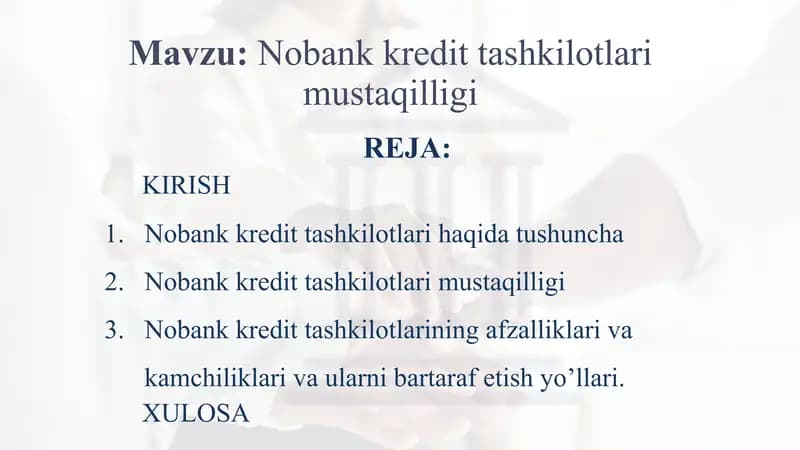 Nobank kredit tashkilotlari mustaqilligi