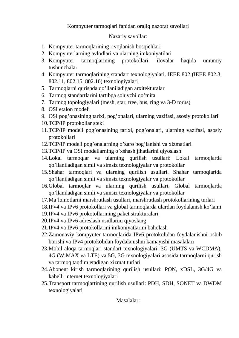 Kompyuter tarmoqlari fanidan oraliq nazorat savollari