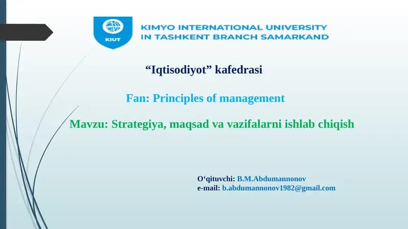 Strategiya, maqsadvavazifalarni ishlab chiqish