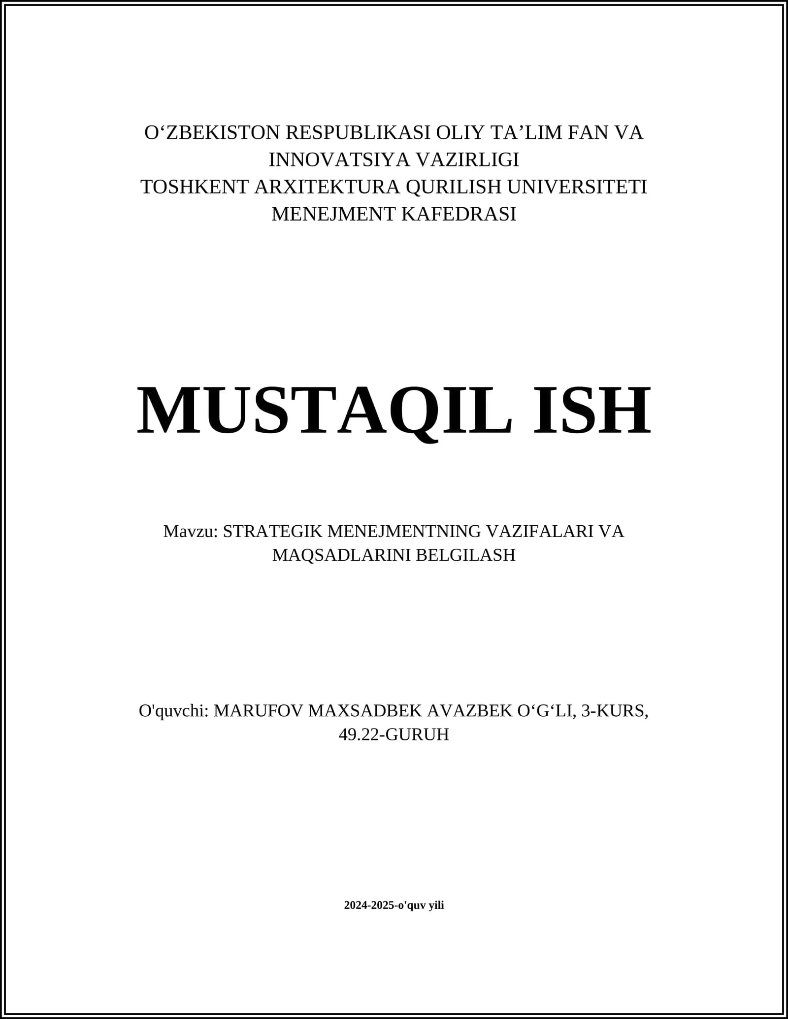STRATEGIK MENEJMENTNING VAZIFALARI VA MAQSADLARINI BELGILASH